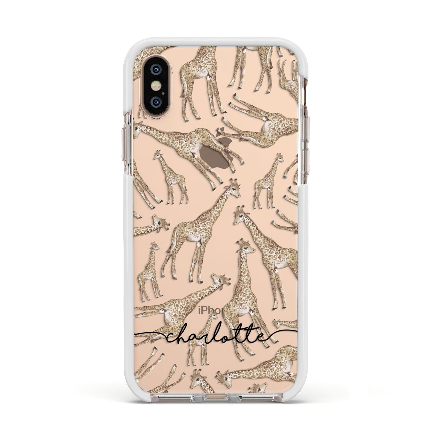Personalised Giraffes with Name Apple iPhone Xs Impact Case White Edge on Gold Phone
