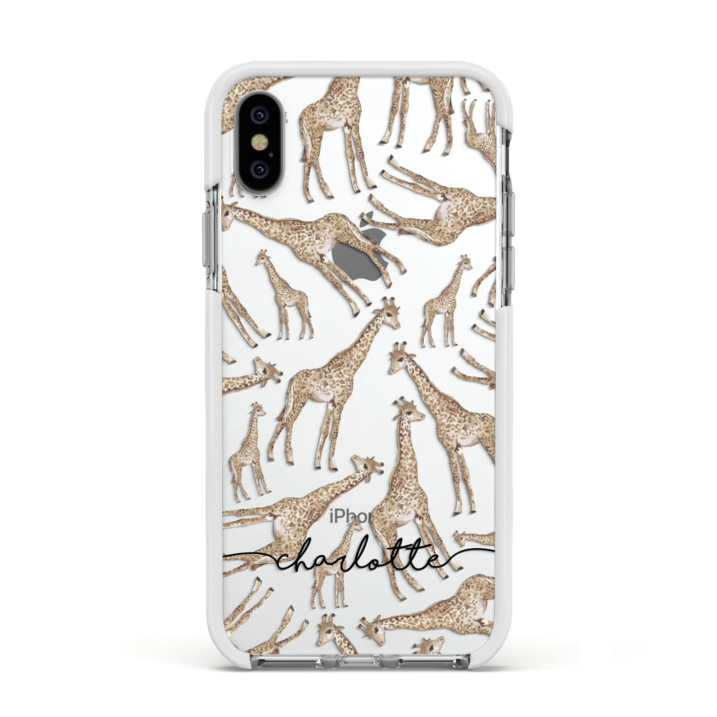 Personalised Giraffes with Name Apple iPhone Xs Impact Case White Edge on Silver Phone