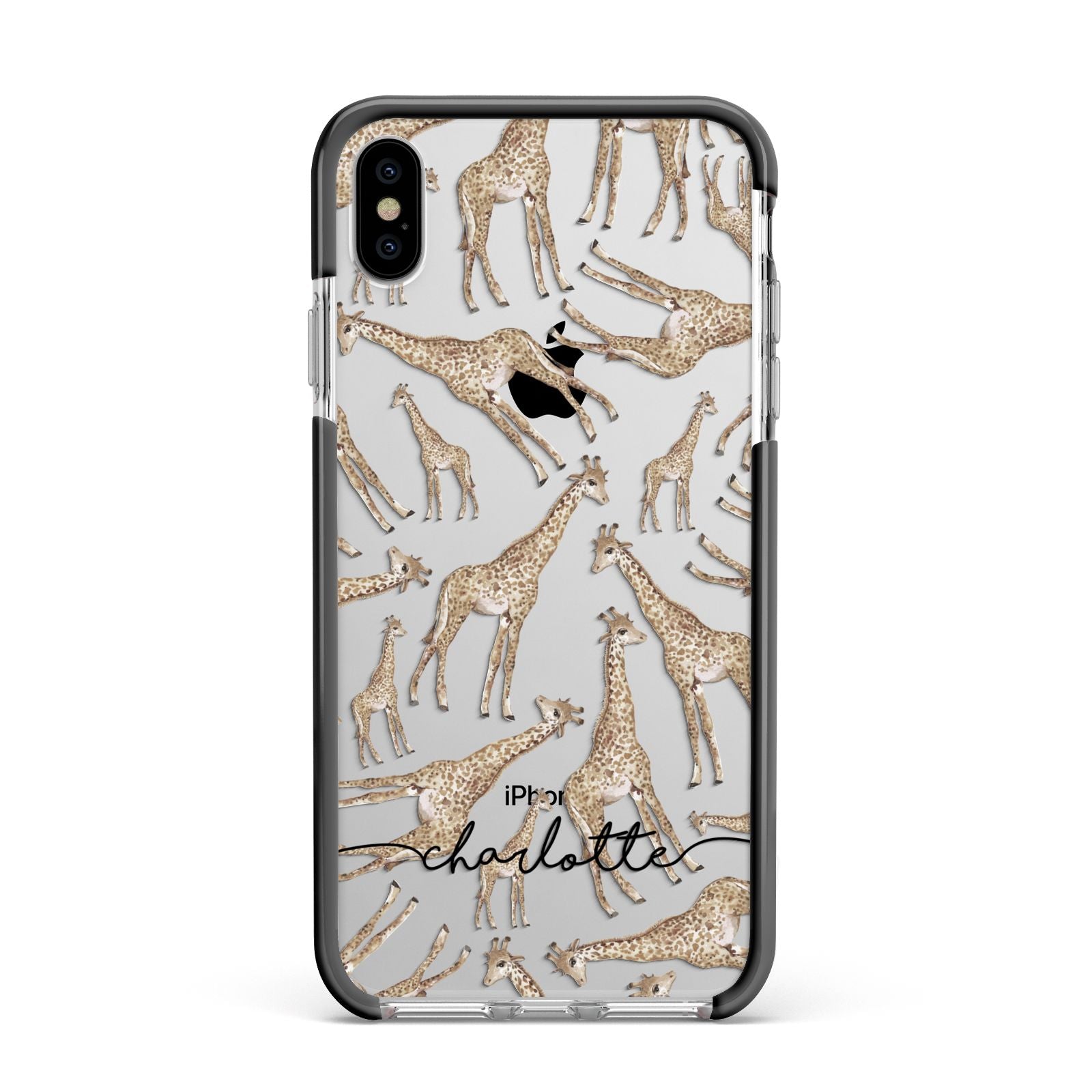 Personalised Giraffes with Name Apple iPhone Xs Max Impact Case Black Edge on Silver Phone
