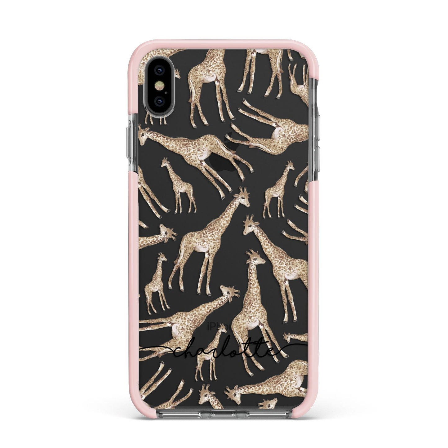Personalised Giraffes with Name Apple iPhone Xs Max Impact Case Pink Edge on Black Phone