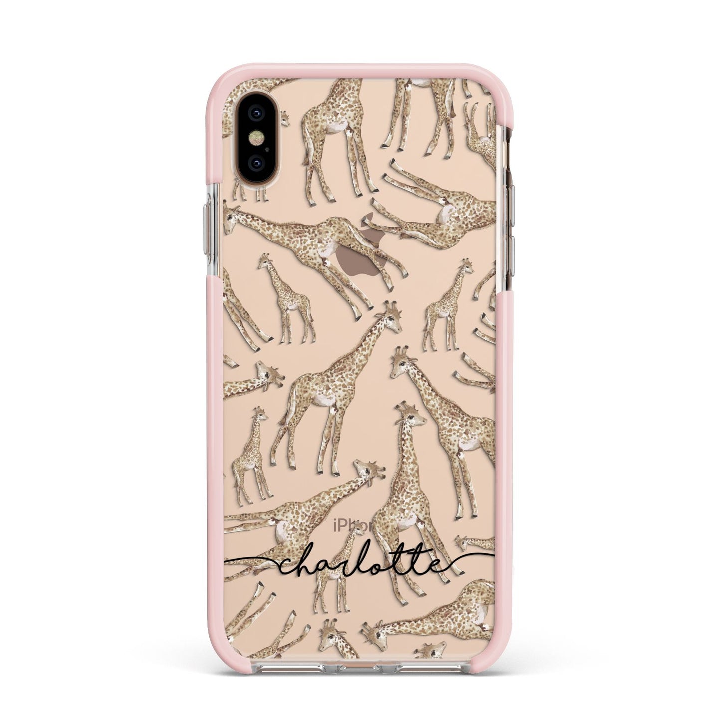 Personalised Giraffes with Name Apple iPhone Xs Max Impact Case Pink Edge on Gold Phone
