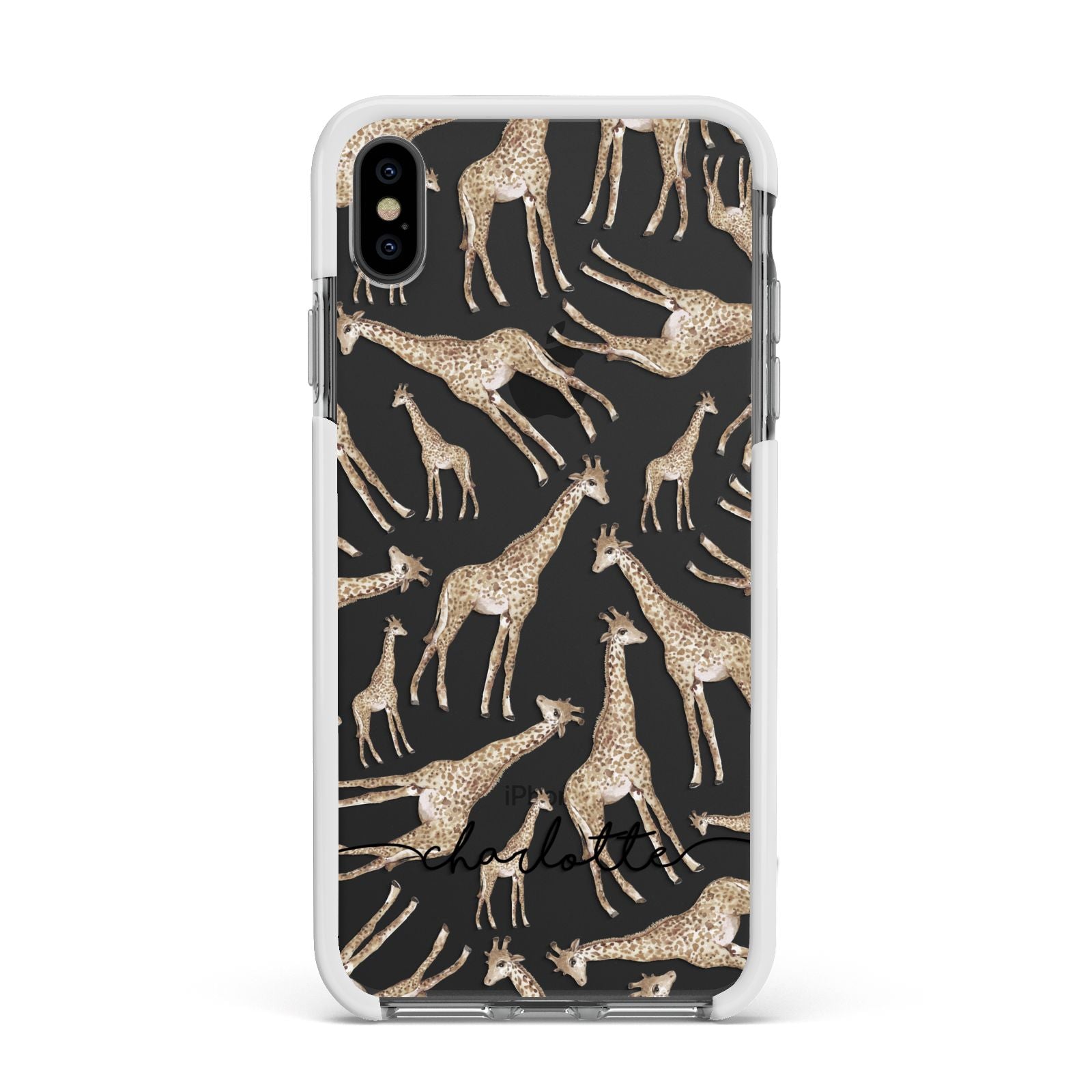 Personalised Giraffes with Name Apple iPhone Xs Max Impact Case White Edge on Black Phone