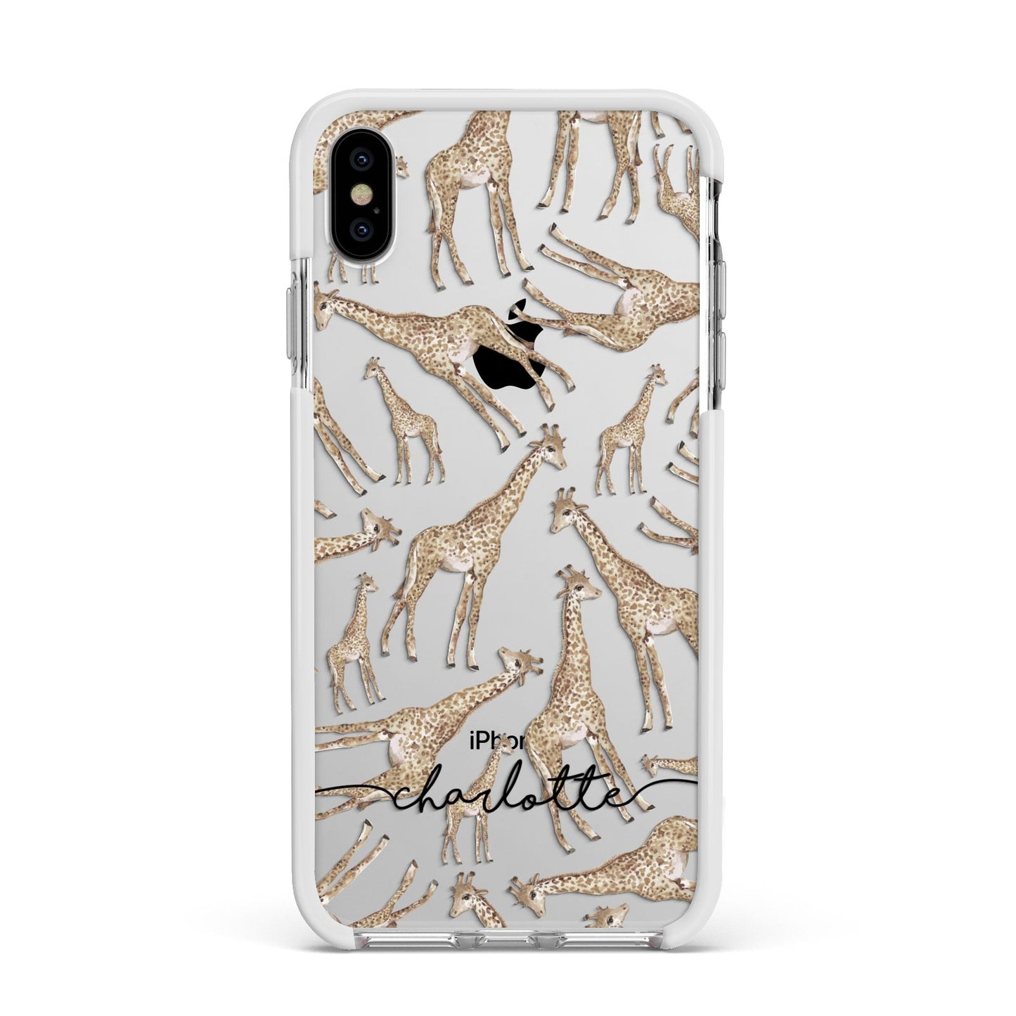 Personalised Giraffes with Name Apple iPhone Xs Max Impact Case White Edge on Silver Phone