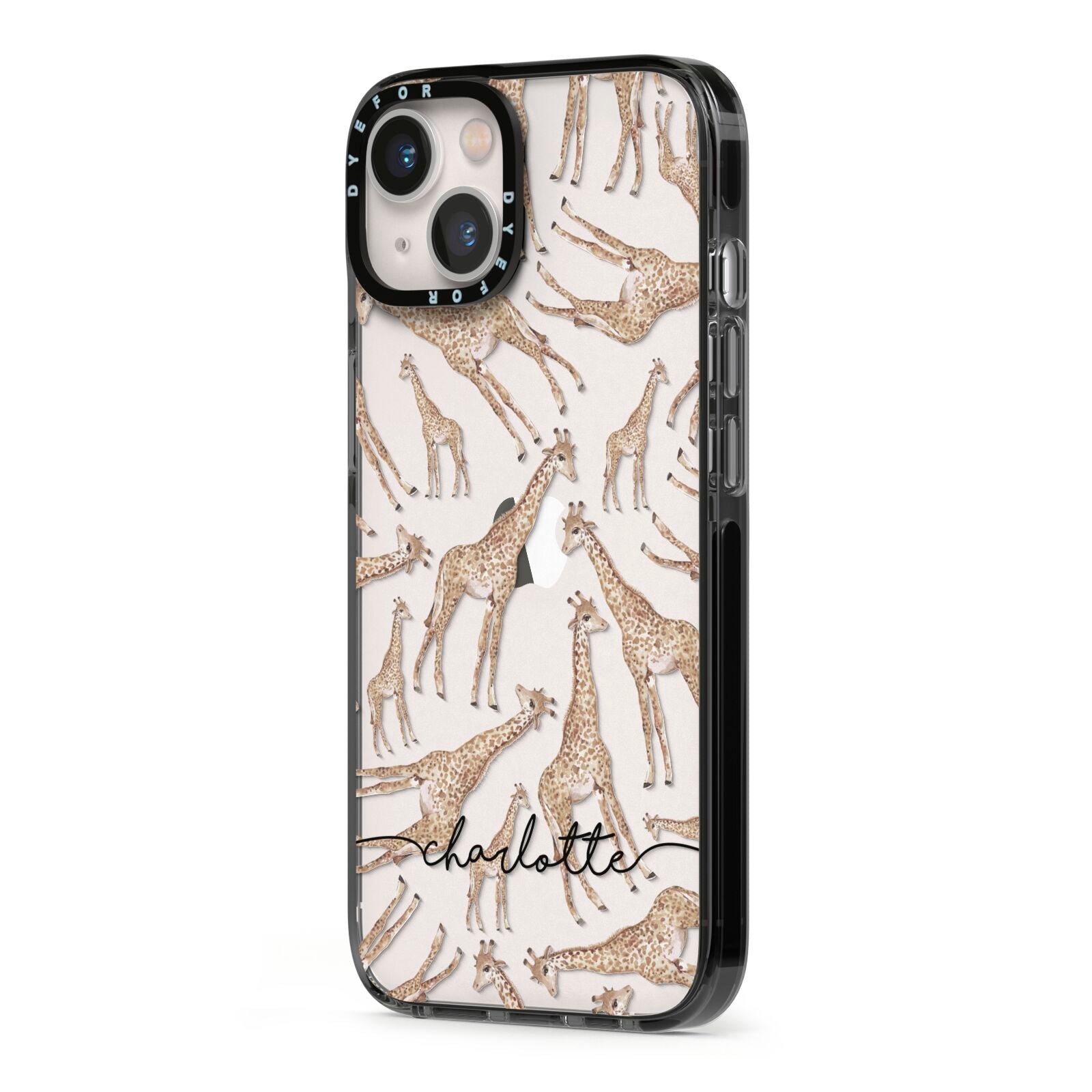 Personalised Giraffes with Name iPhone 13 Black Impact Case Side Angle on Silver phone