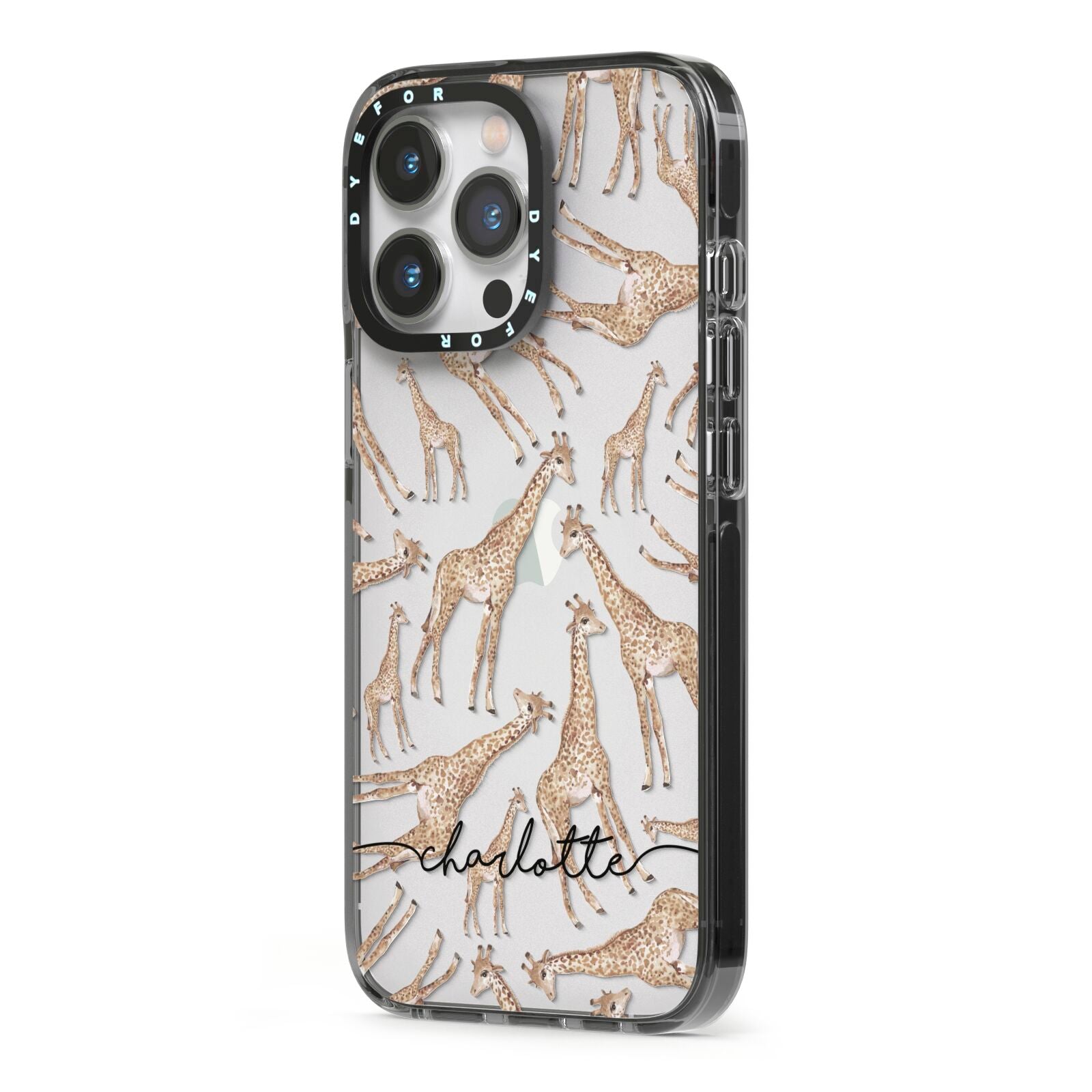 Personalised Giraffes with Name iPhone 13 Pro Black Impact Case Side Angle on Silver phone