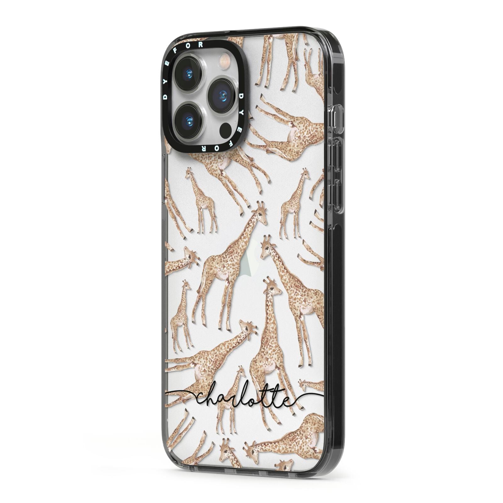 Personalised Giraffes with Name iPhone 13 Pro Max Black Impact Case Side Angle on Silver phone