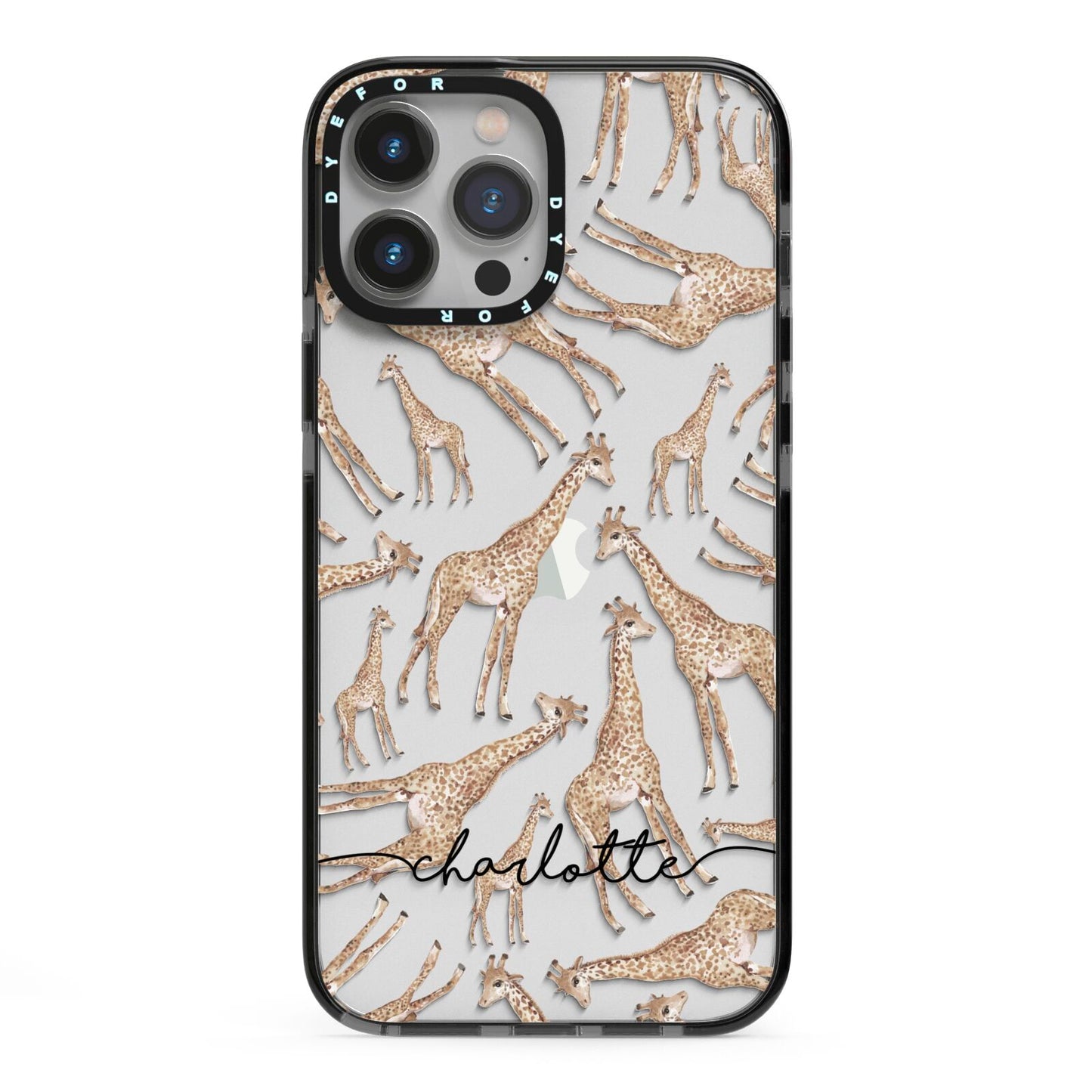 Personalised Giraffes with Name iPhone 13 Pro Max Black Impact Case on Silver phone