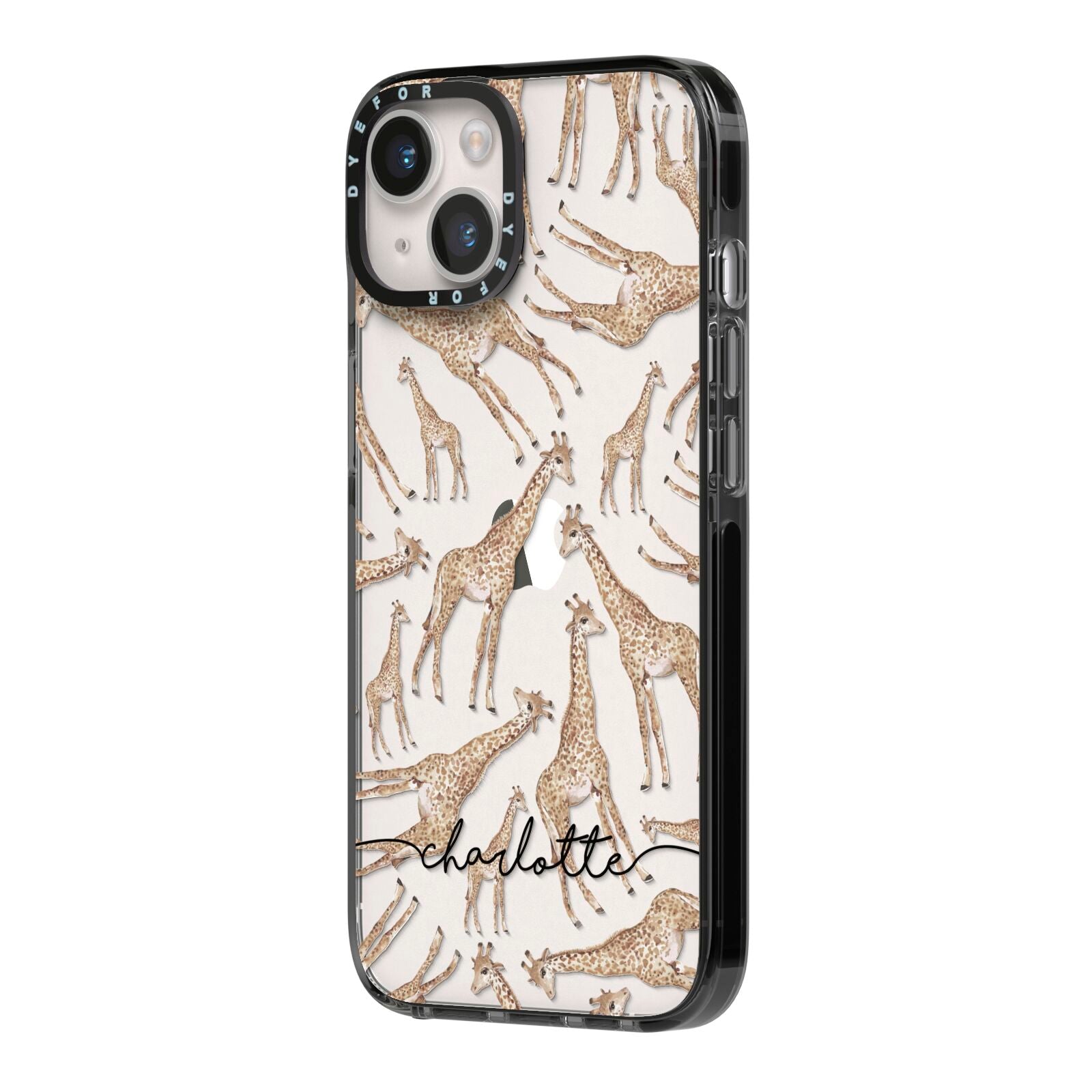 Personalised Giraffes with Name iPhone 14 Black Impact Case Side Angle on Silver phone