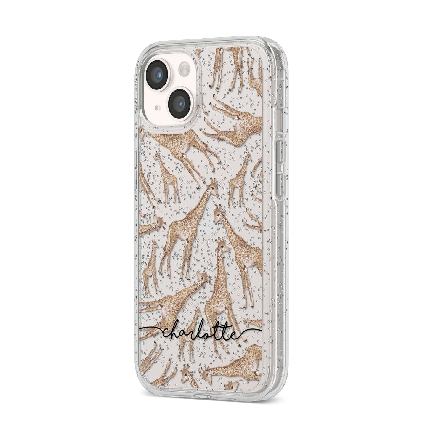 Personalised Giraffes with Name iPhone 14 Glitter Tough Case Starlight Angled Image