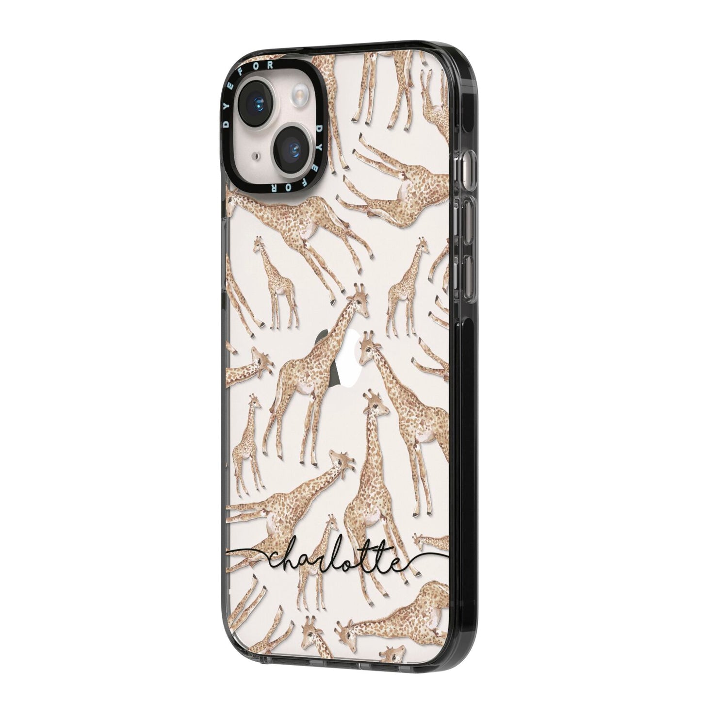 Personalised Giraffes with Name iPhone 14 Plus Black Impact Case Side Angle on Silver phone