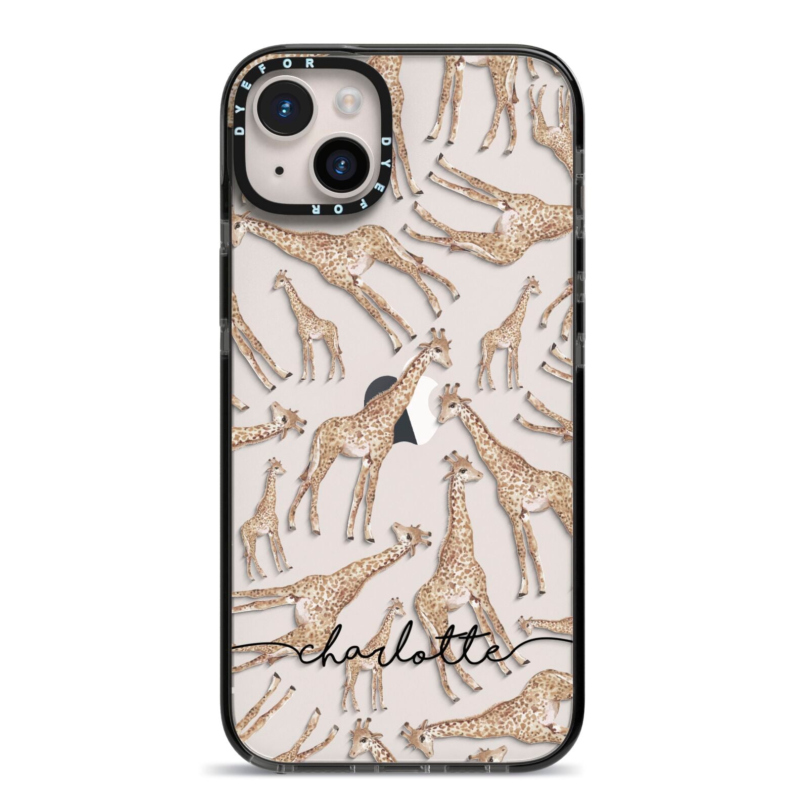 Personalised Giraffes with Name iPhone 14 Plus Black Impact Case on Silver phone