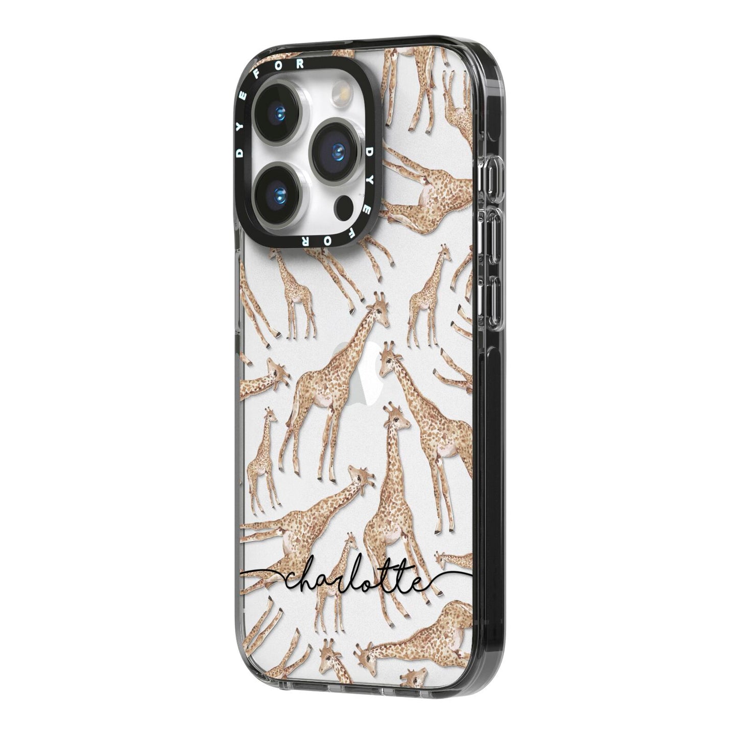Personalised Giraffes with Name iPhone 14 Pro Black Impact Case Side Angle on Silver phone