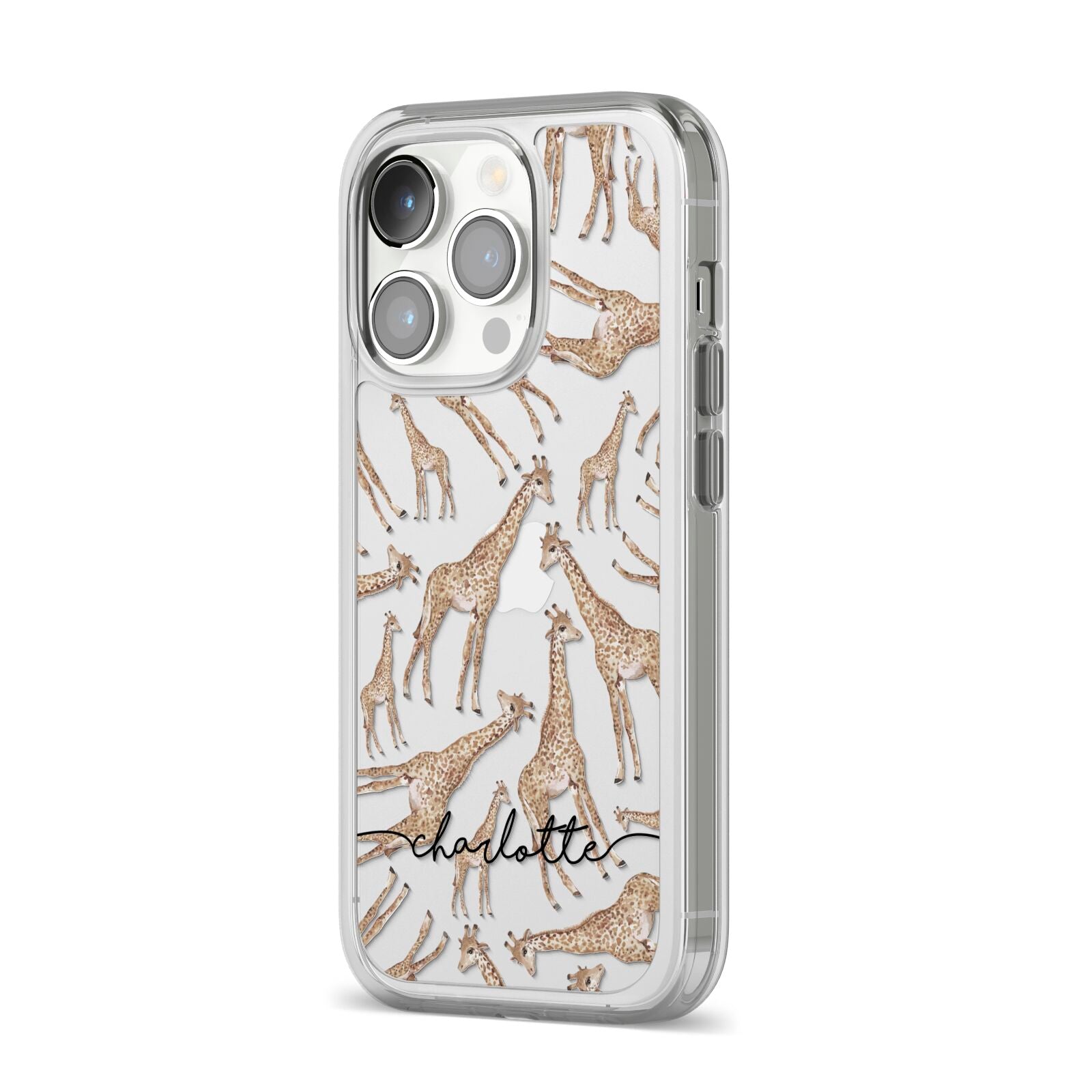 Personalised Giraffes with Name iPhone 14 Pro Clear Tough Case Silver Angled Image