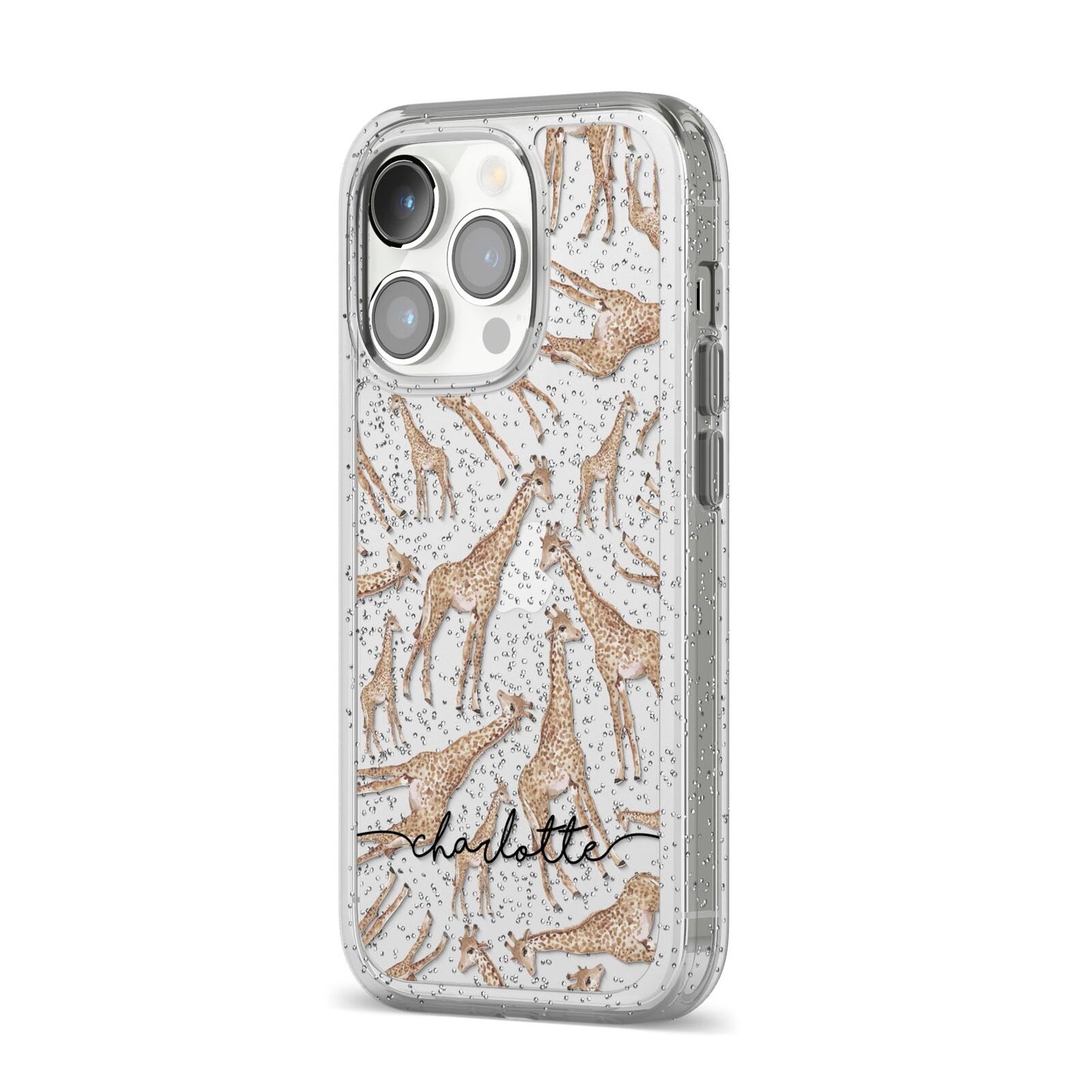 Personalised Giraffes with Name iPhone 14 Pro Glitter Tough Case Silver Angled Image