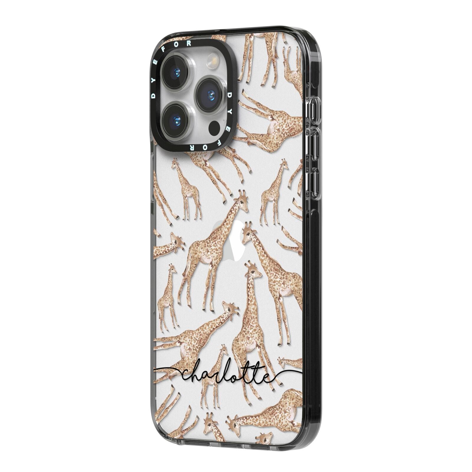 Personalised Giraffes with Name iPhone 14 Pro Max Black Impact Case Side Angle on Silver phone