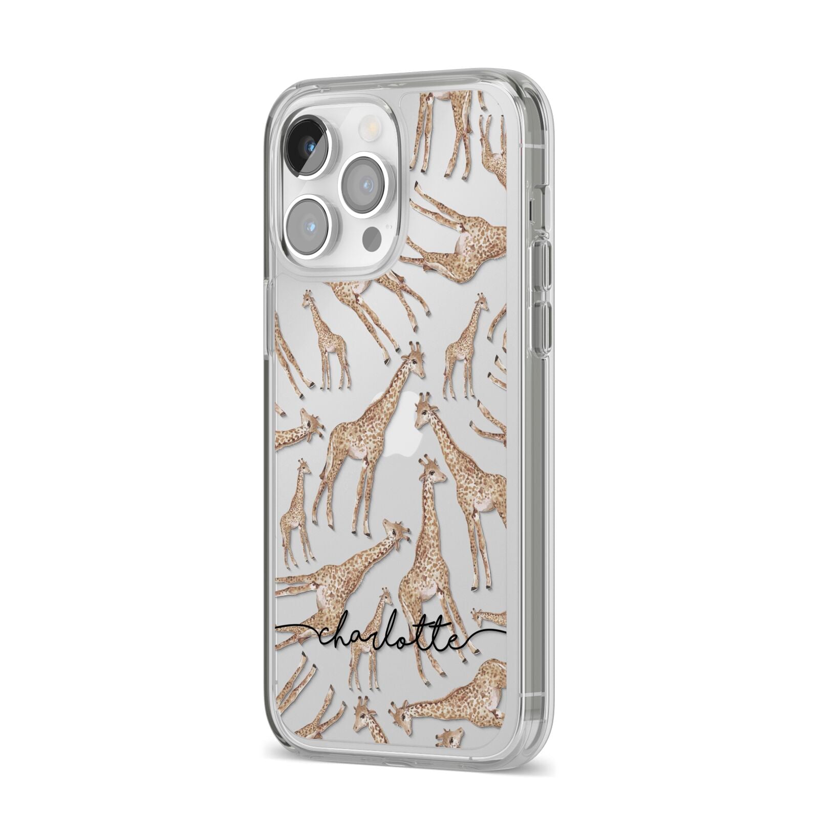 Personalised Giraffes with Name iPhone 14 Pro Max Clear Tough Case Silver Angled Image