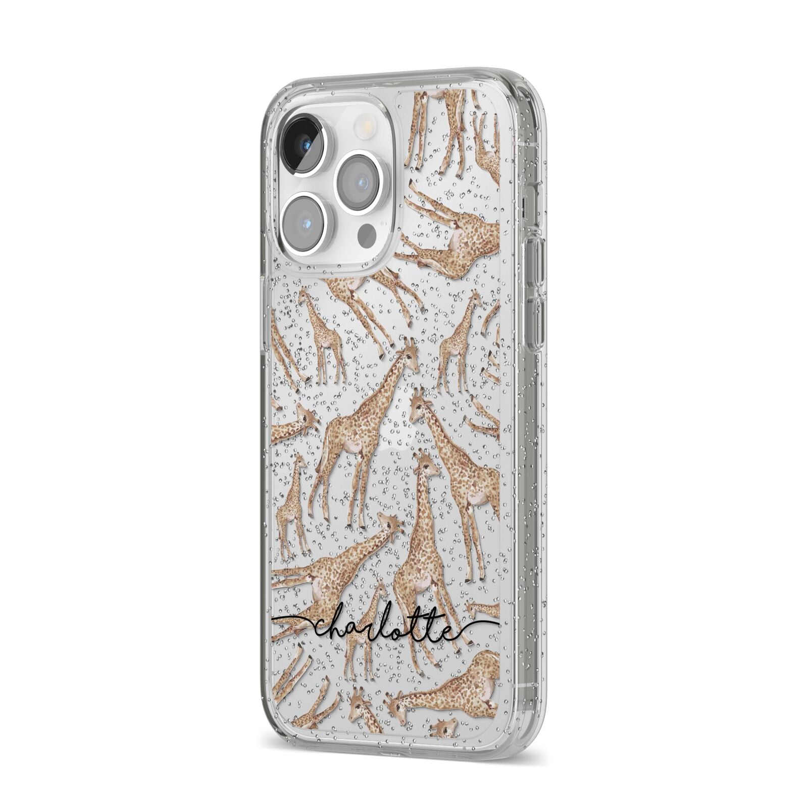 Personalised Giraffes with Name iPhone 14 Pro Max Glitter Tough Case Silver Angled Image