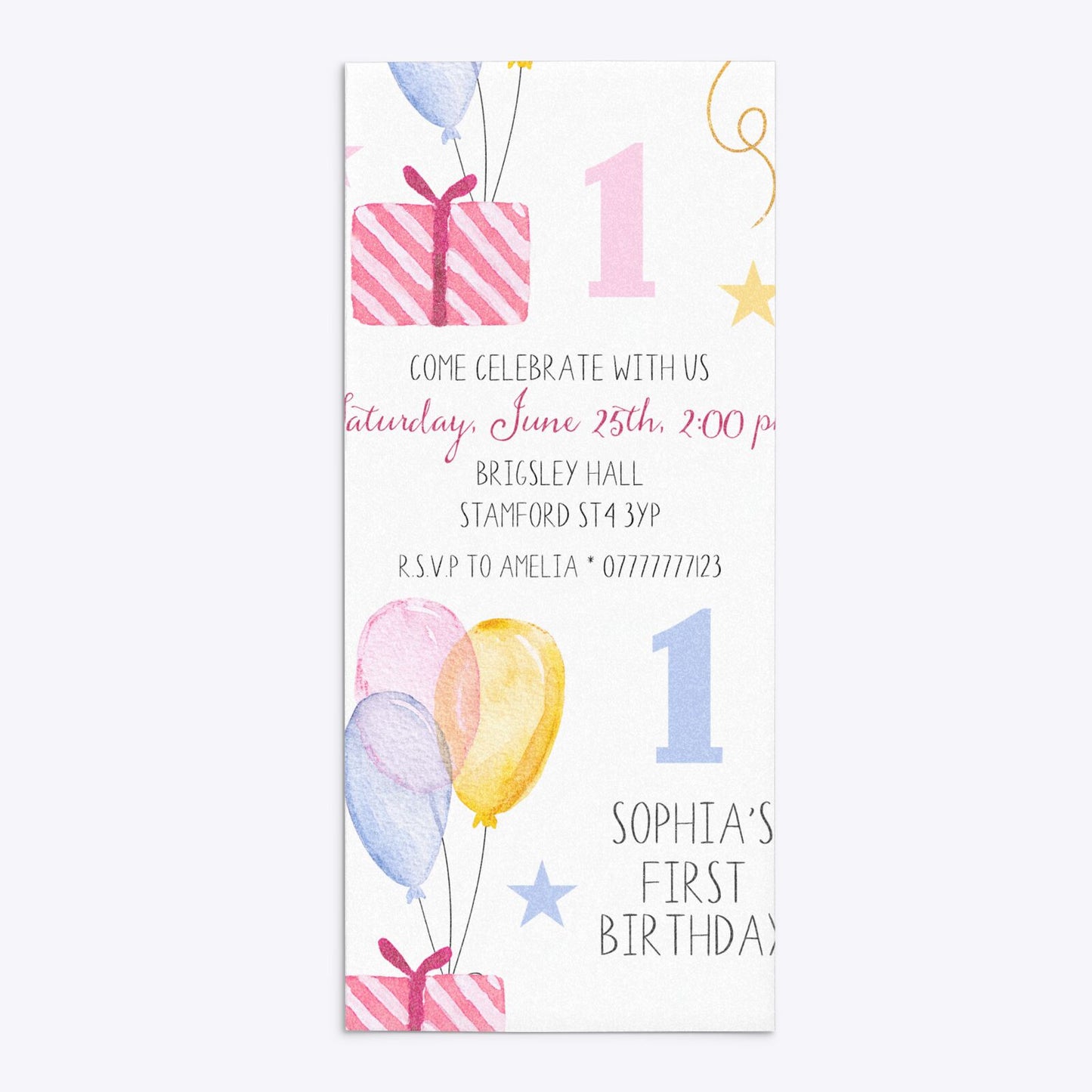 Personalised Girls First Birthday 4x9 Rectangle Invitation Glitter