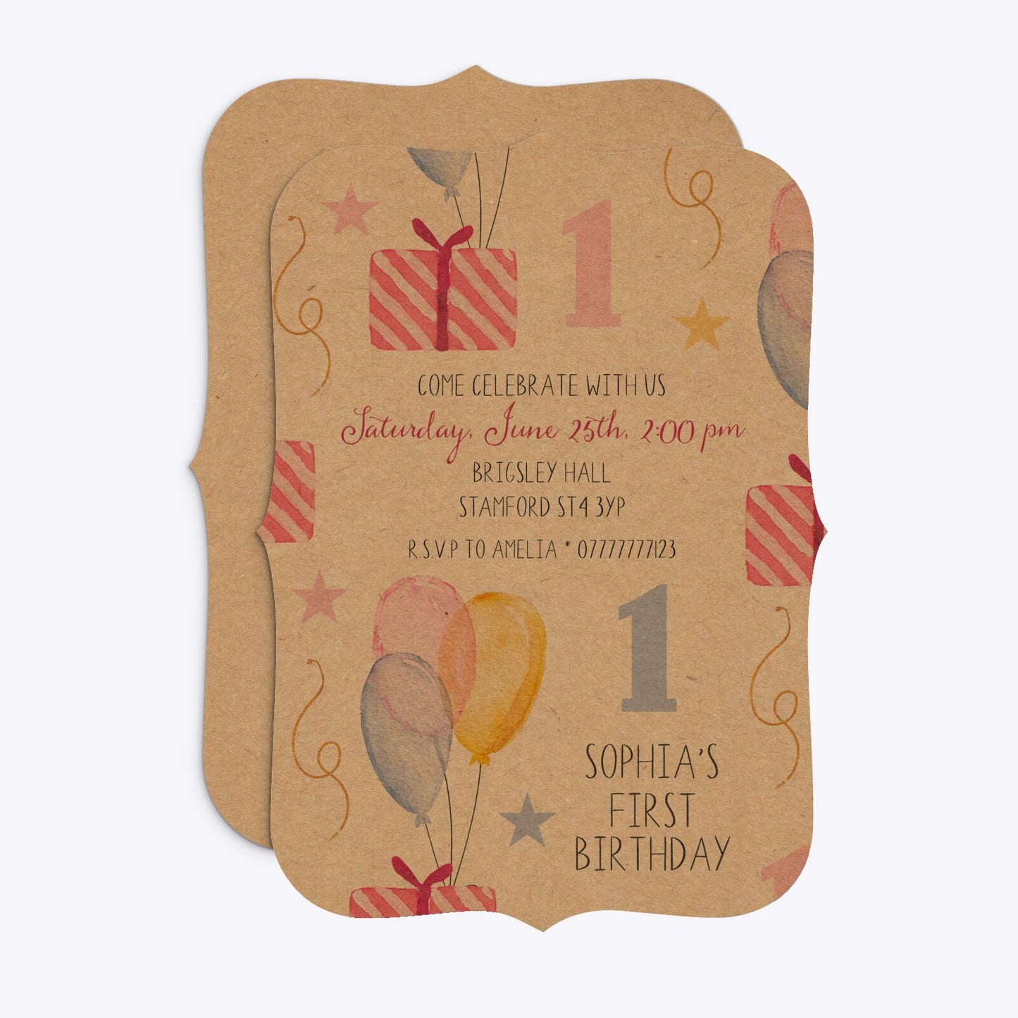 Personalised Girls First Birthday Bracket Invitation Kraft Front and Back Image