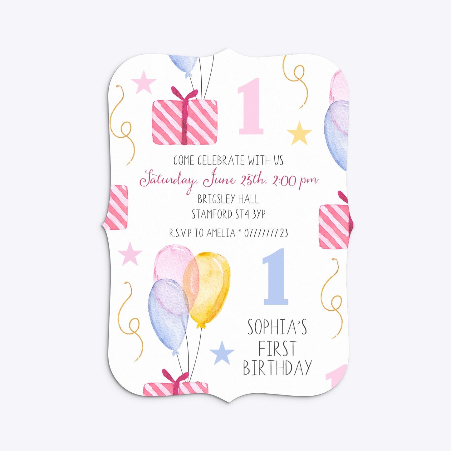 Personalised Girls First Birthday Bracket Invitation Matte Paper