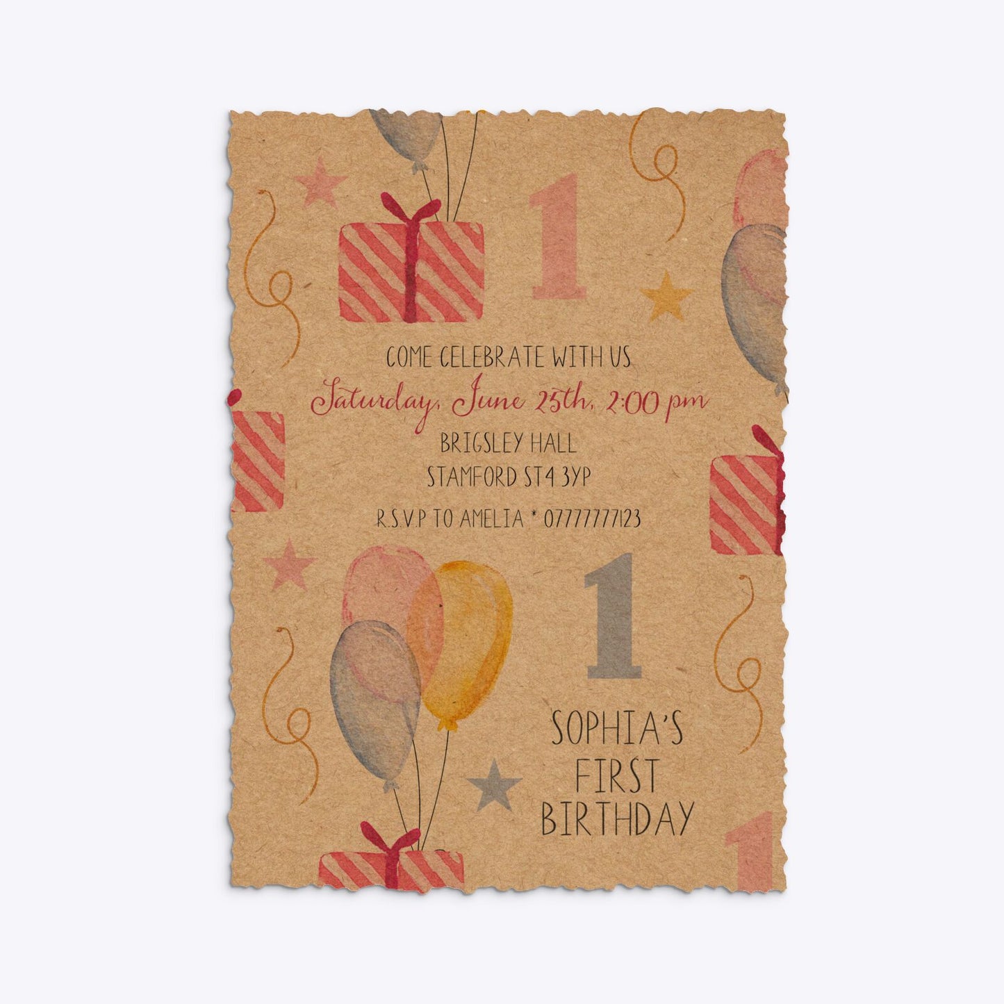 Personalised Girls First Birthday Deckle Invitation Kraft