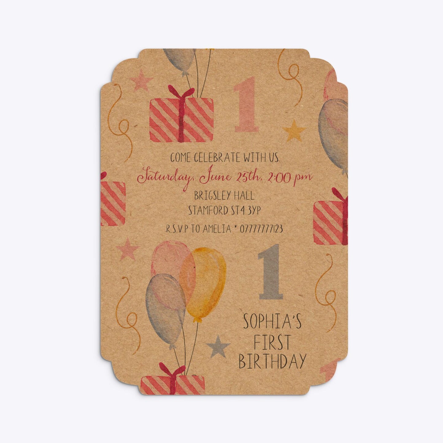 Personalised Girls First Birthday Deco Invitation Kraft