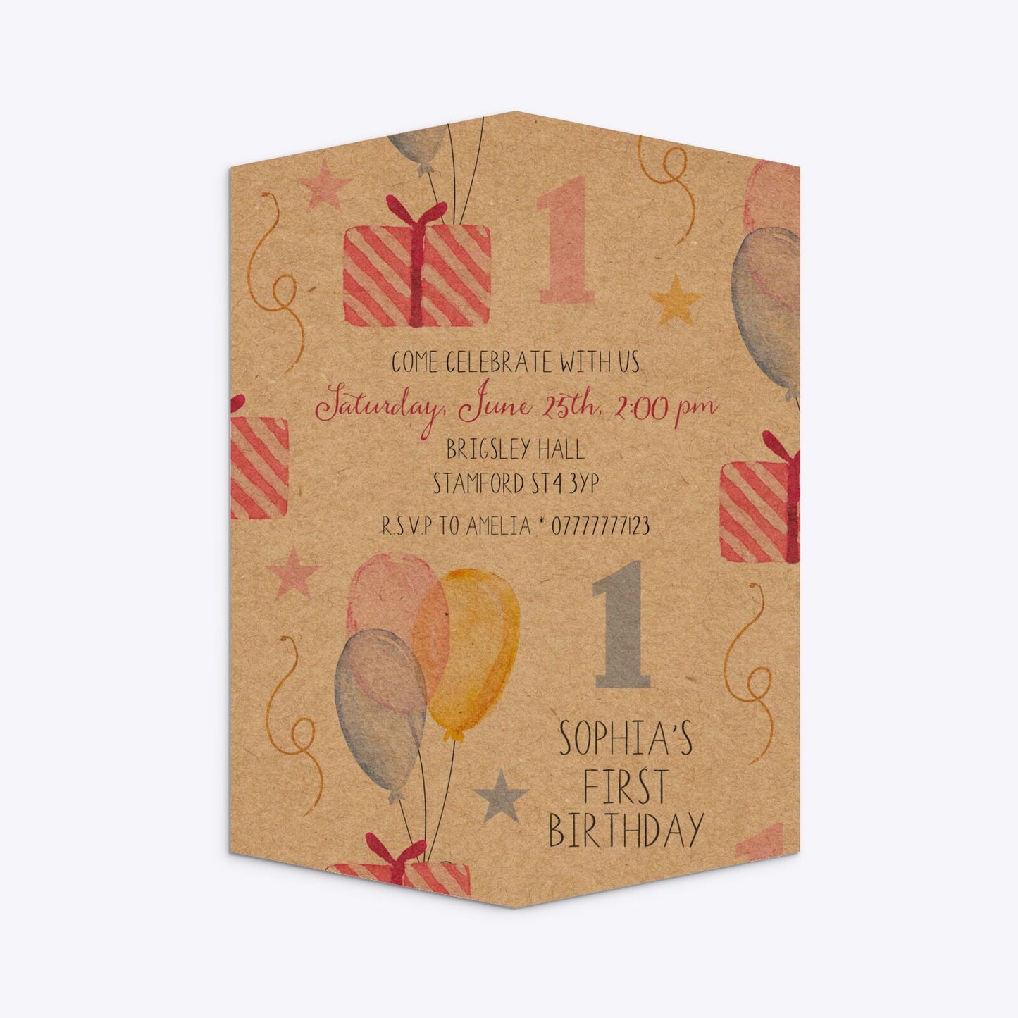 Personalised Girls First Birthday Geo Invitation Kraft