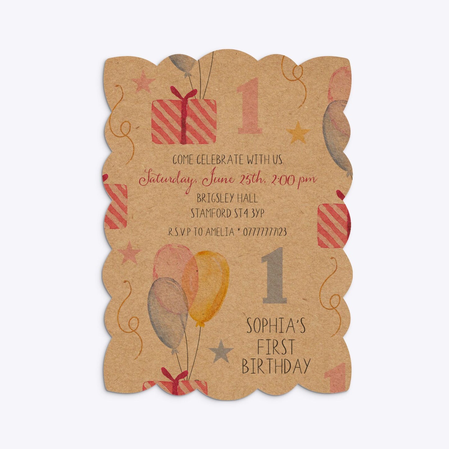 Personalised Girls First Birthday Petal Invitation Kraft