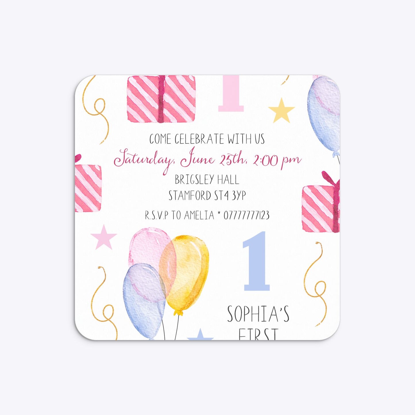 Personalised Girls First Birthday Rounded 5 25x5 25 Invitation Matte Paper