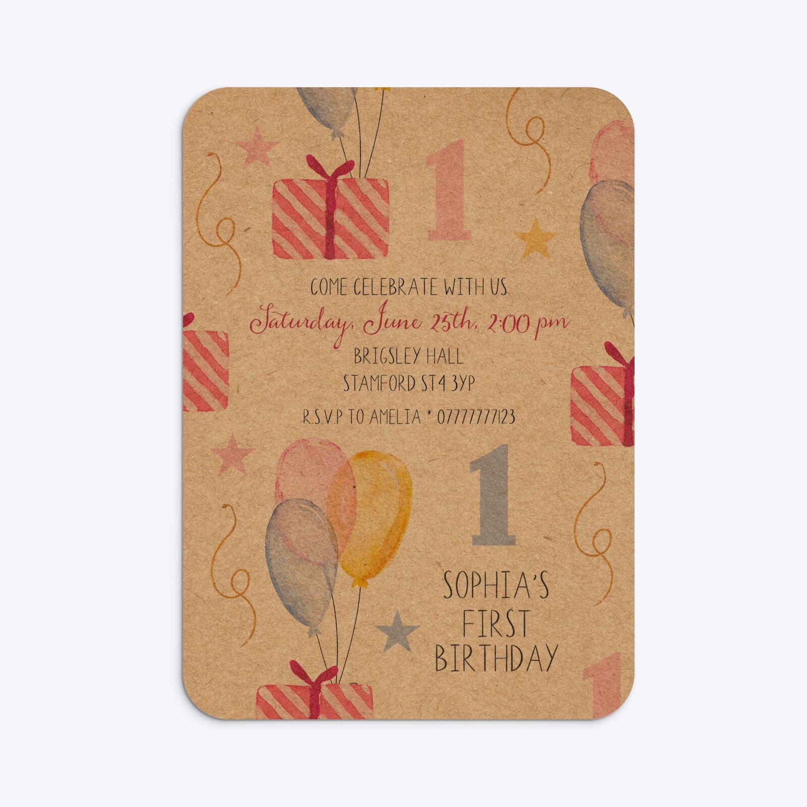 Personalised Girls First Birthday Rounded Invitation Kraft