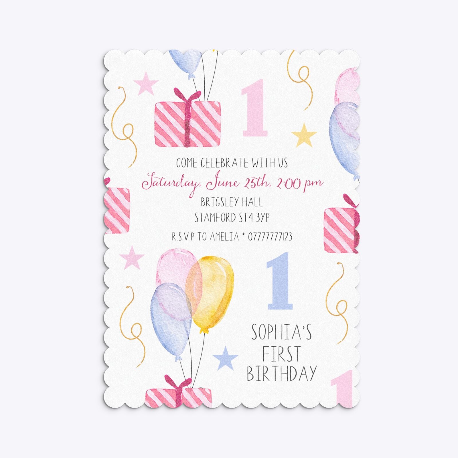 Personalised Girls First Birthday Scalloped Invitation Glitter