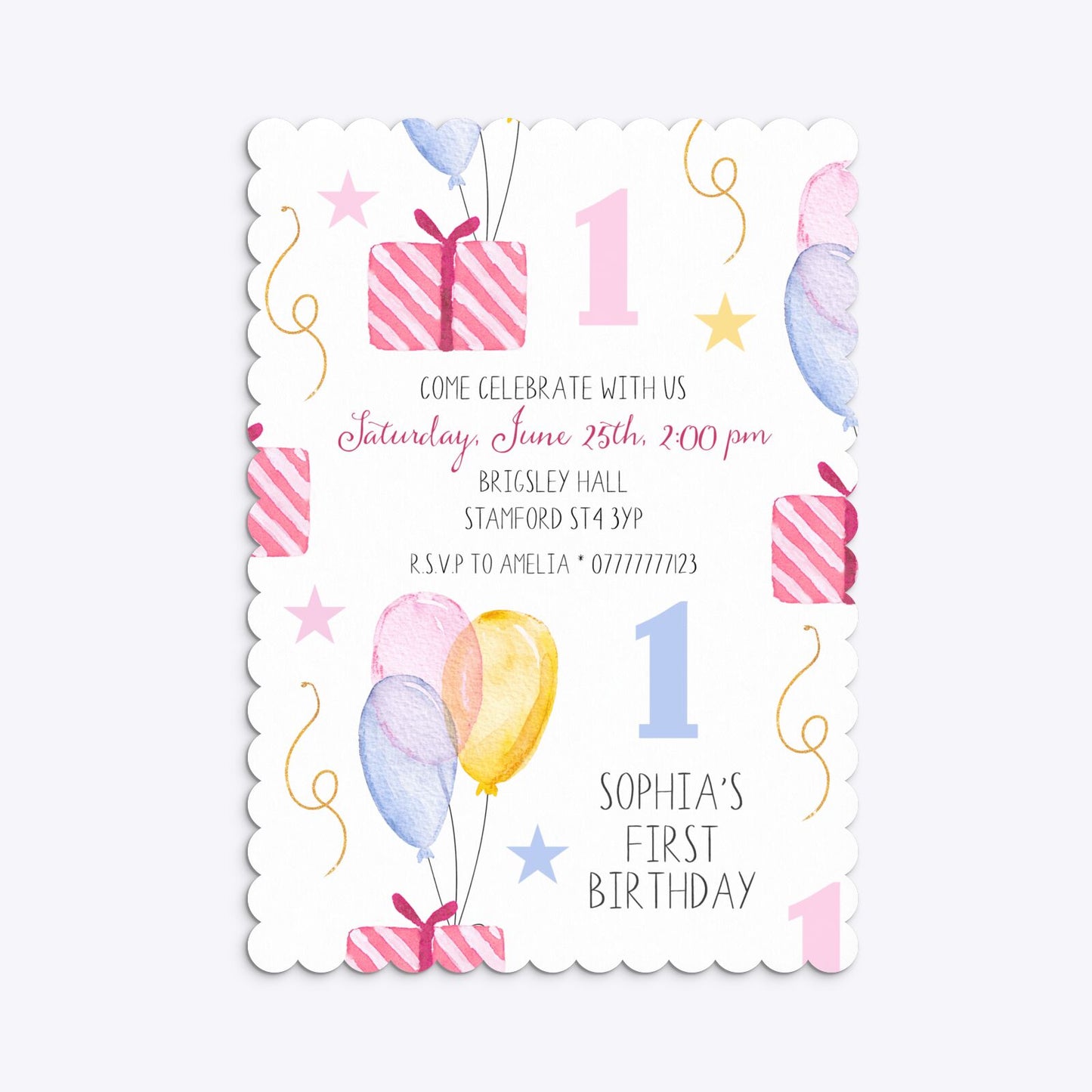 Personalised Girls First Birthday Scalloped Invitation Matte Paper