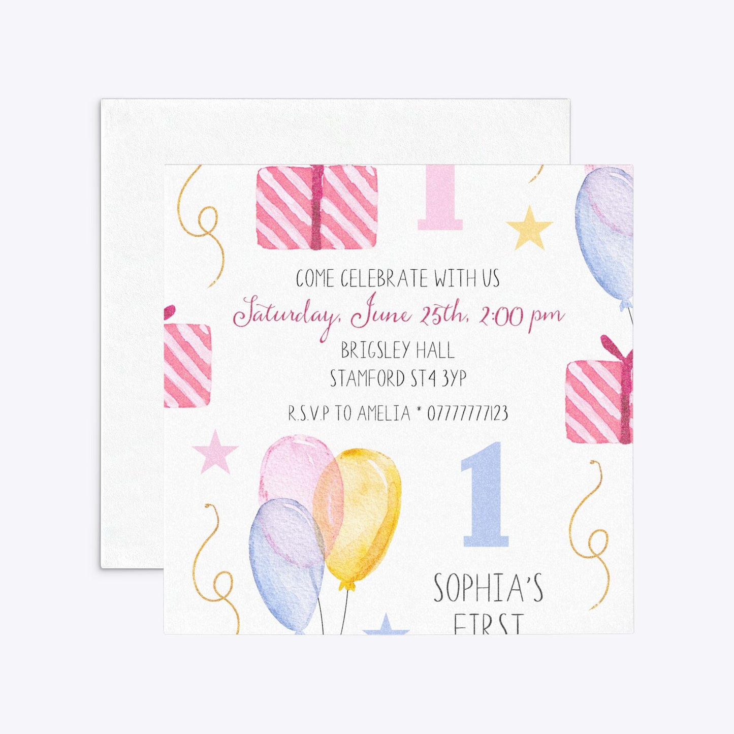 Personalised Girls First Birthday Square 5 25x5 25 Invitation Glitter Front and Back Image