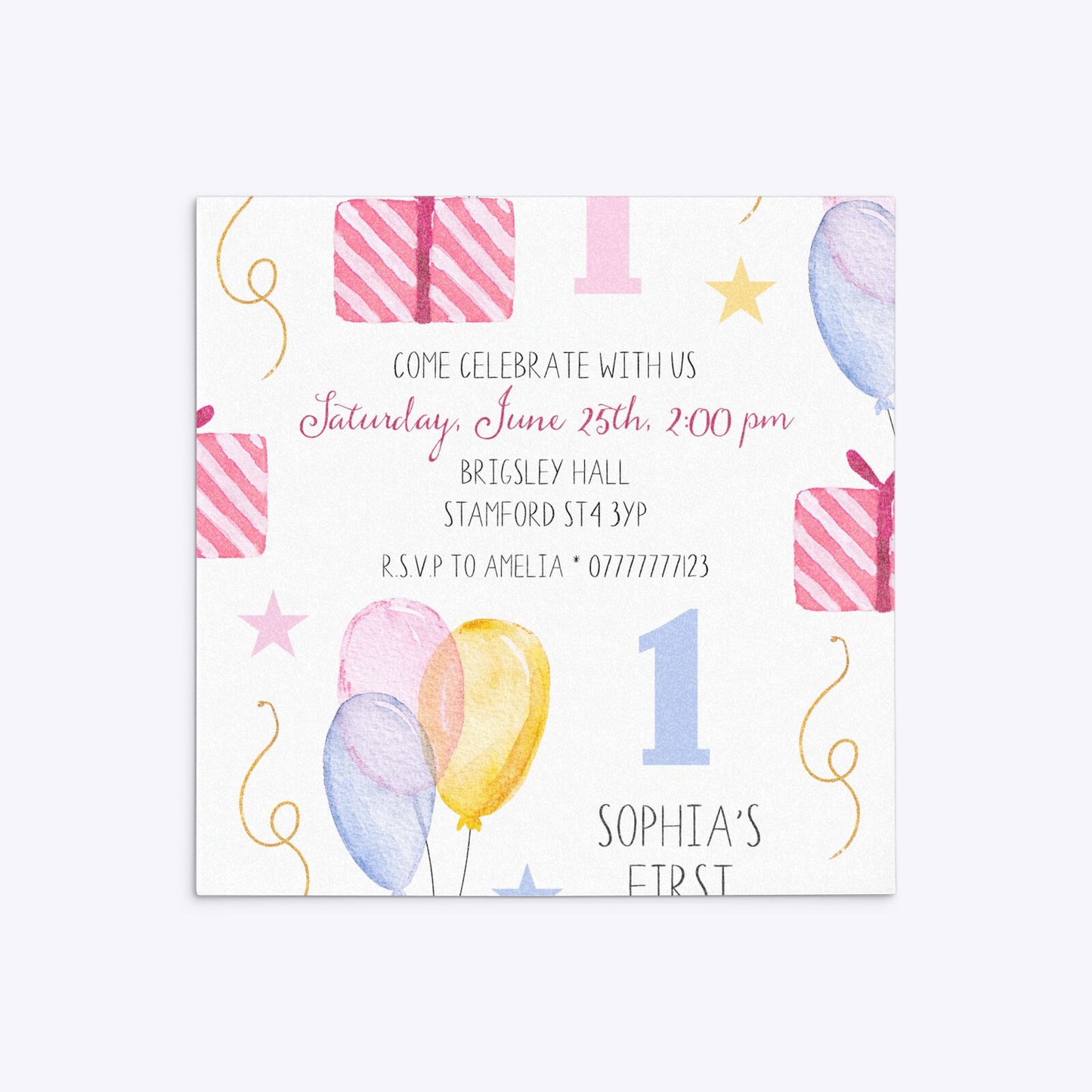 Personalised Girls First Birthday Square 5 25x5 25 Invitation Glitter