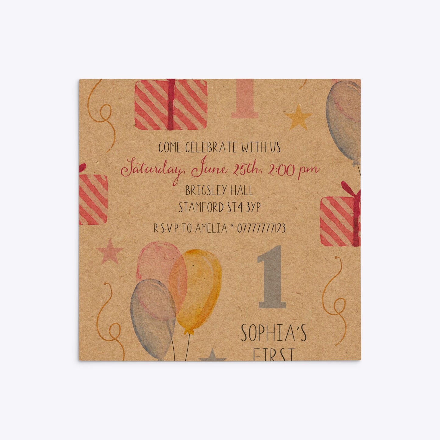 Personalised Girls First Birthday Square 5 25x5 25 Invitation Kraft