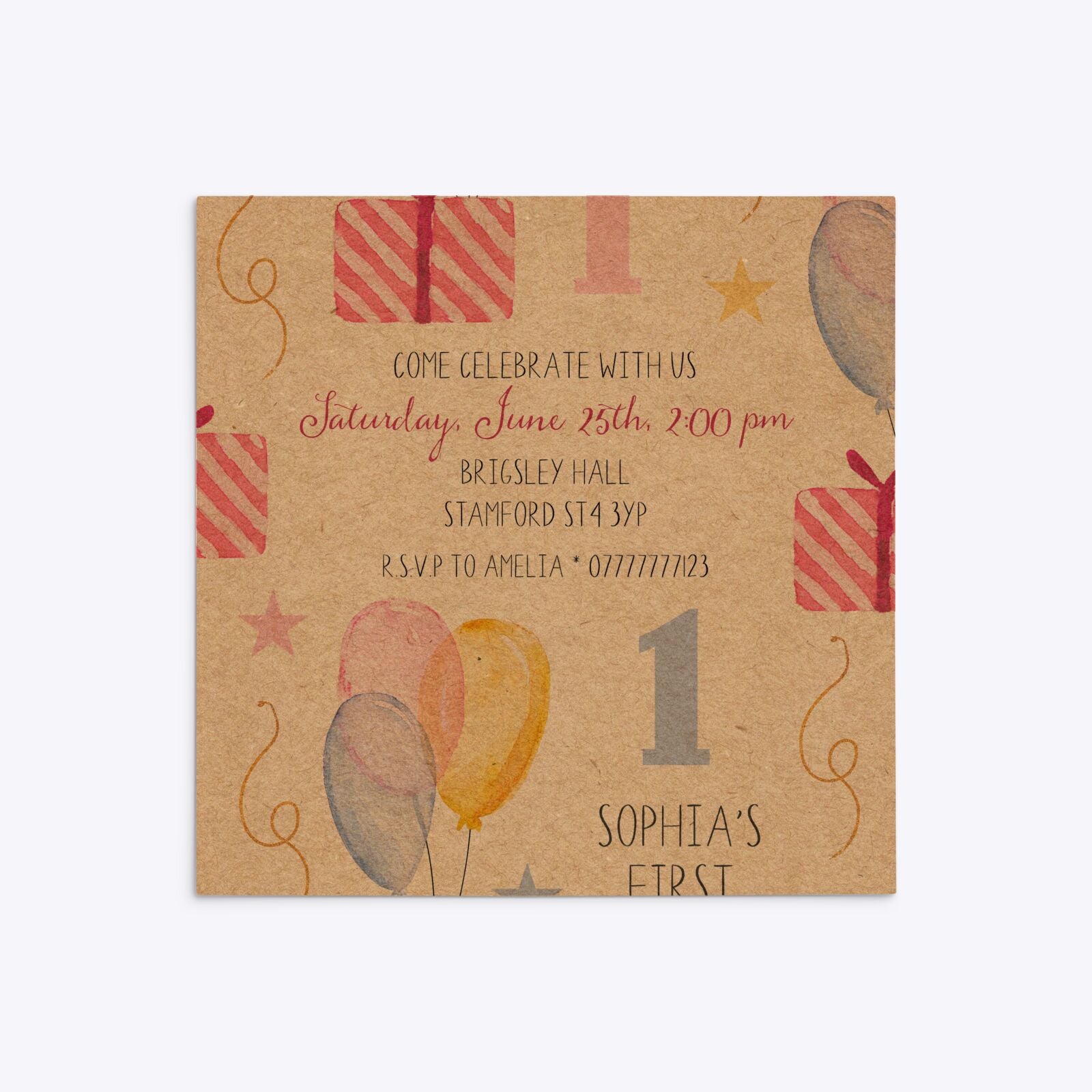 Personalised Girls First Birthday Square 5 25x5 25 Invitation Kraft