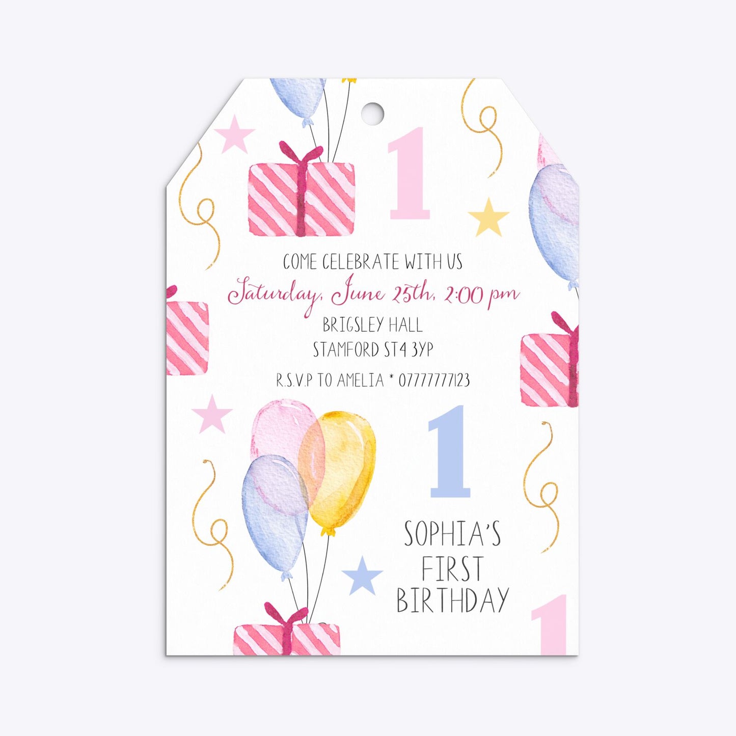 Personalised Girls First Birthday Tag Invitation Matte Paper