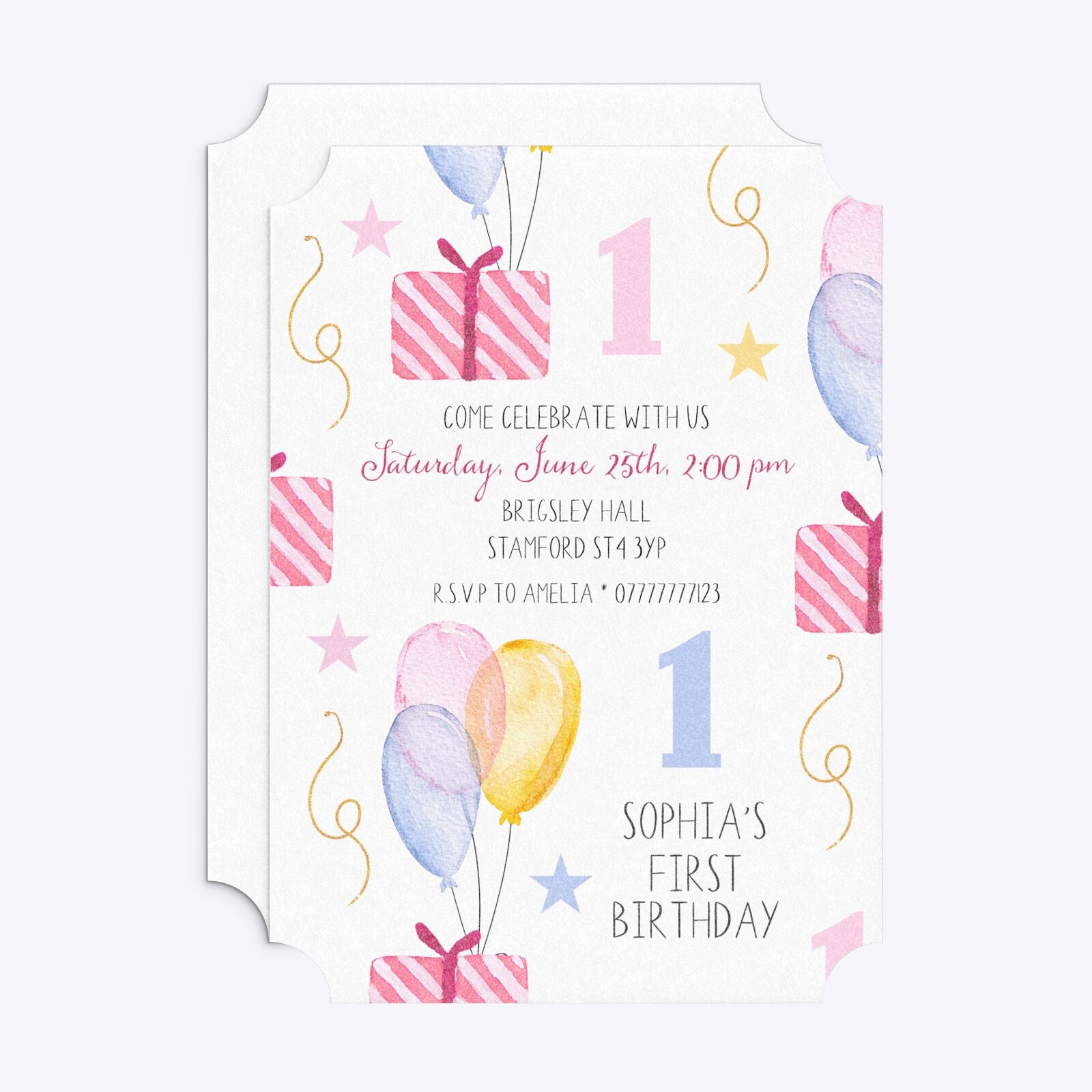 Personalised Girls First Birthday Ticket Invitation Glitter Front and Back Image