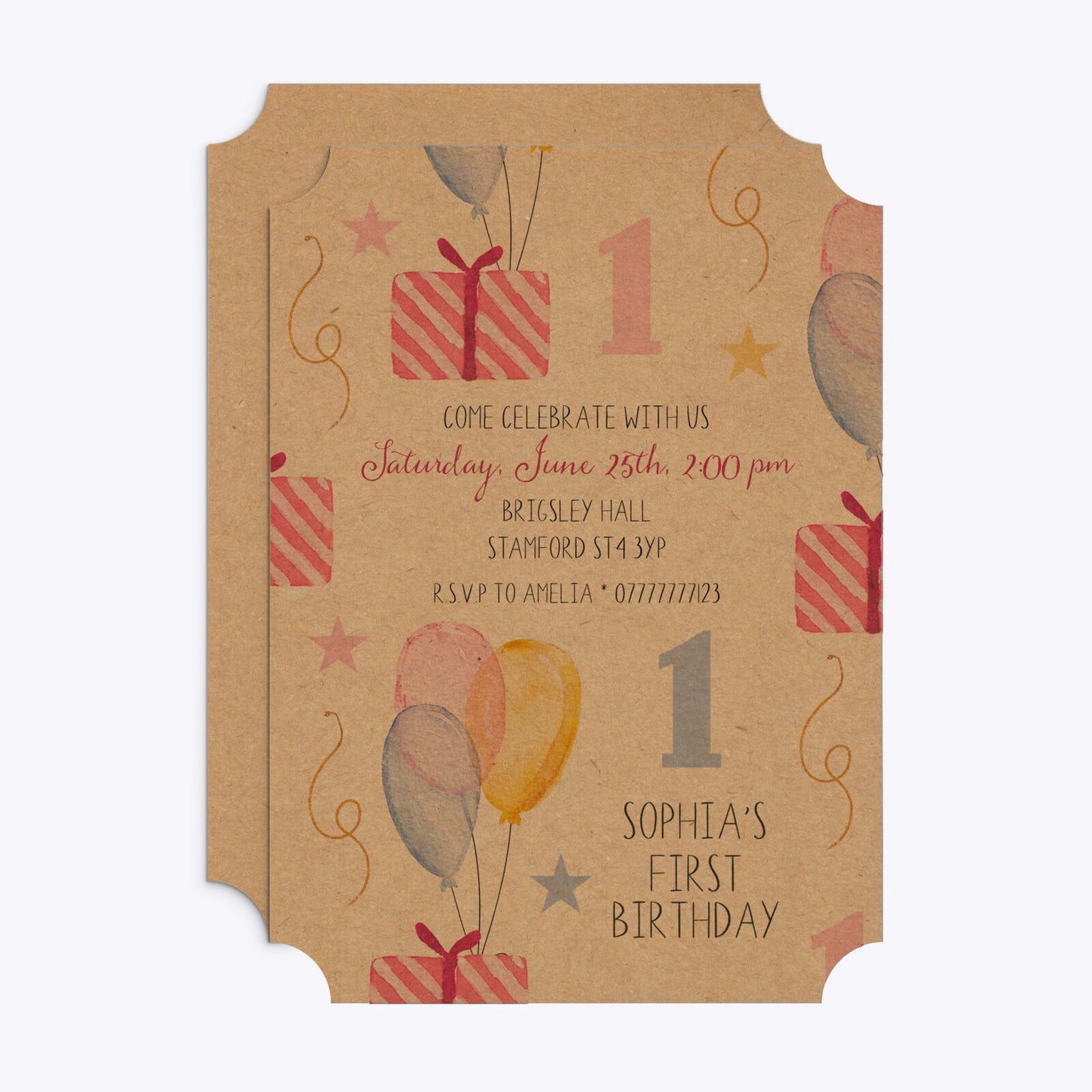 Personalised Girls First Birthday Ticket Invitation Kraft Front and Back Image