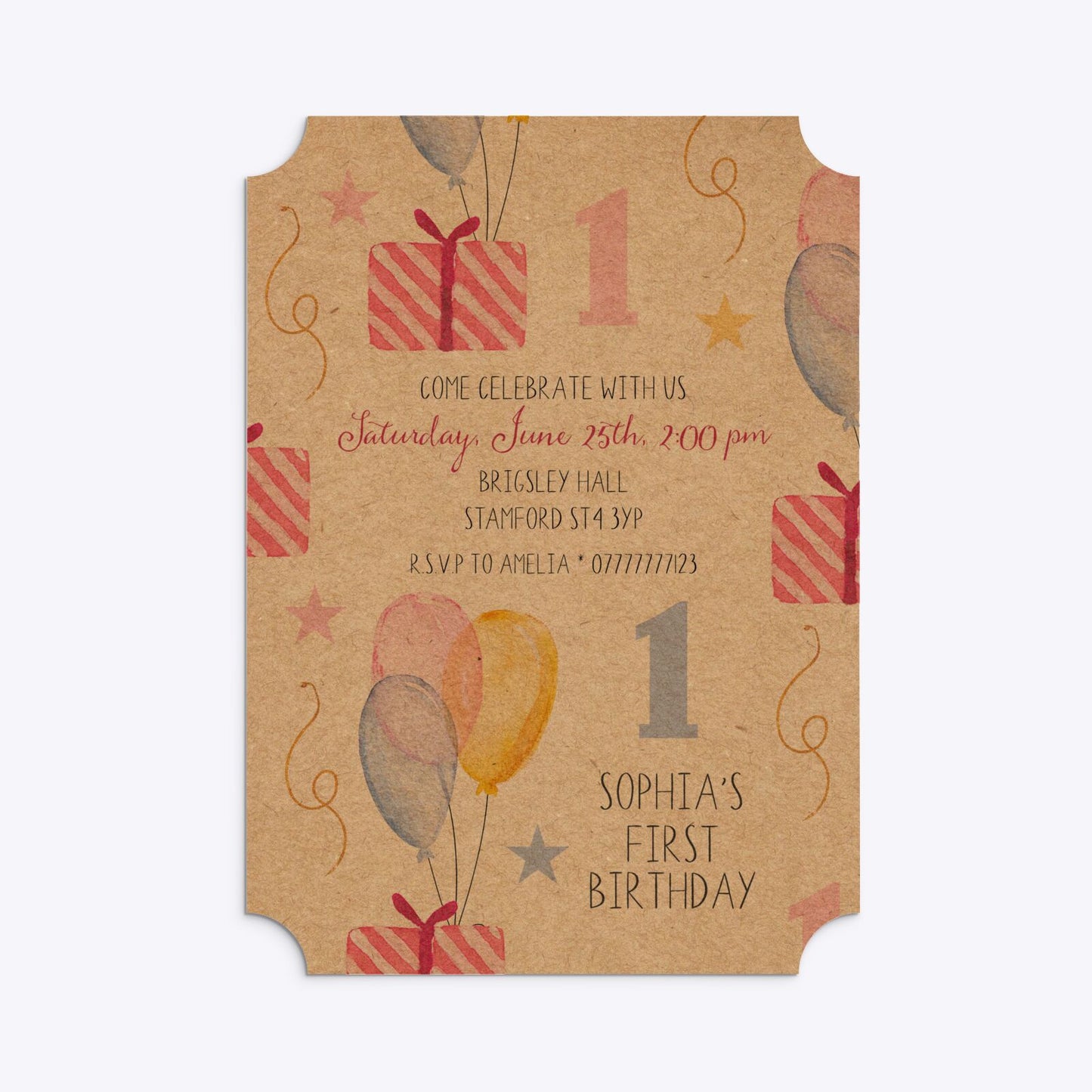 Personalised Girls First Birthday Ticket Invitation Kraft