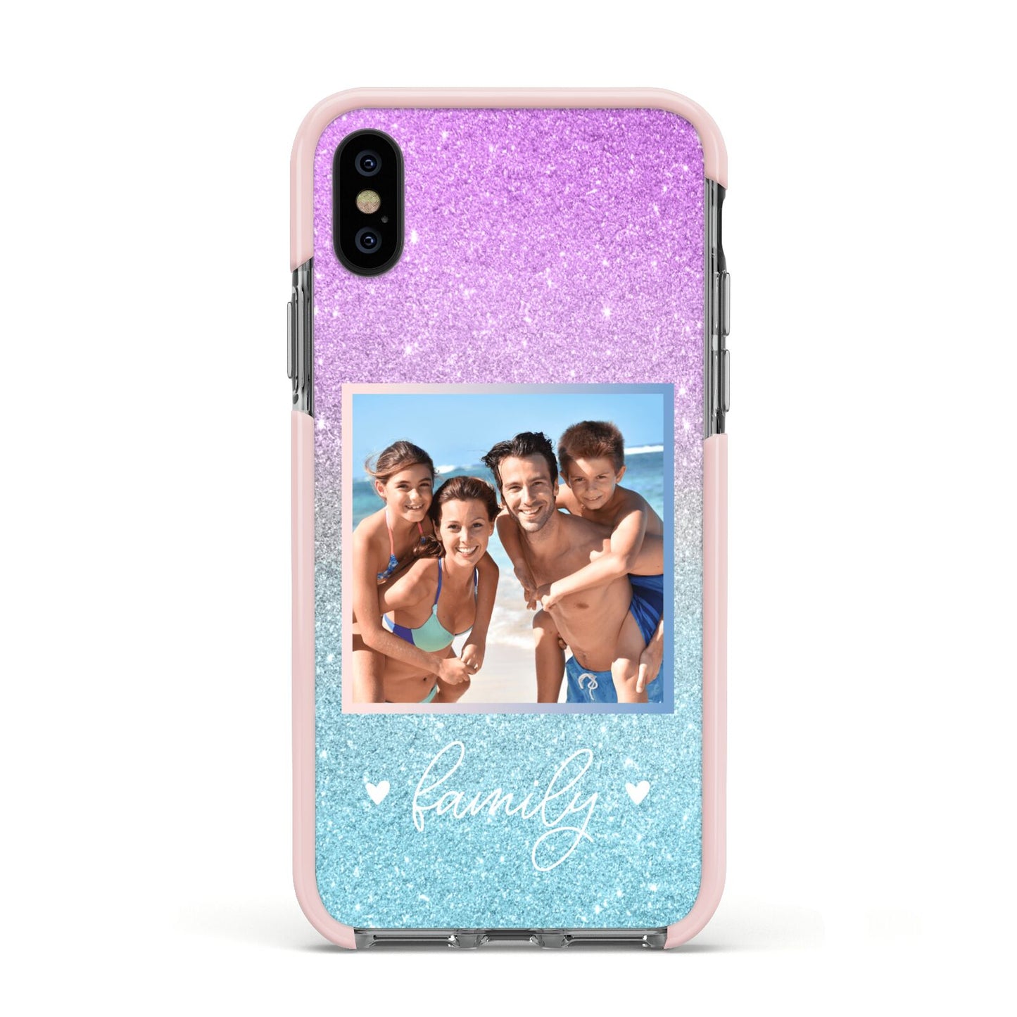 Personalised Glitter Photo Apple iPhone Xs Impact Case Pink Edge on Black Phone