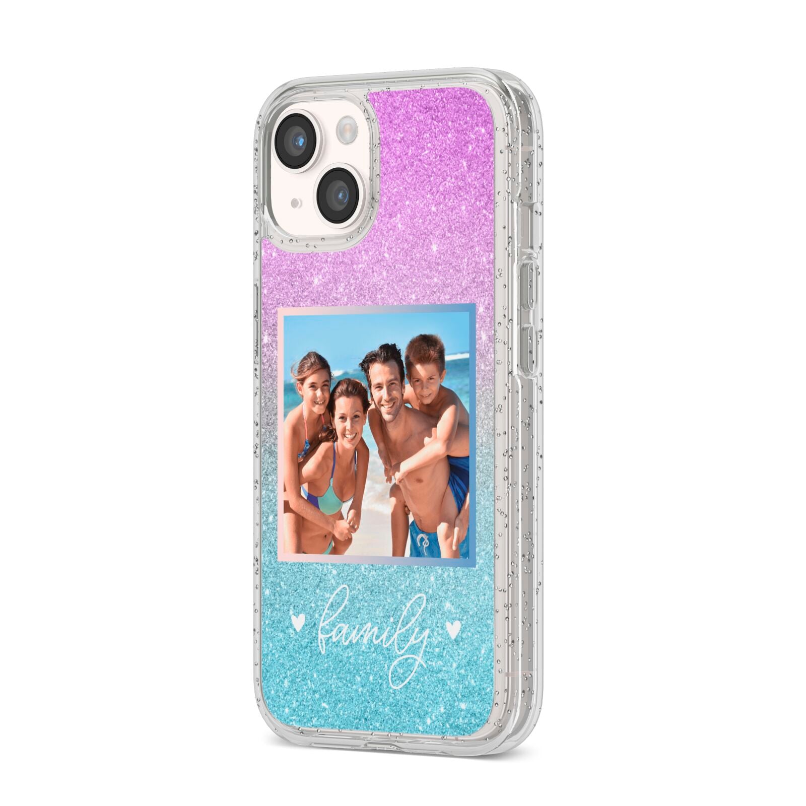 Personalised Glitter Photo iPhone 14 Glitter Tough Case Starlight Angled Image