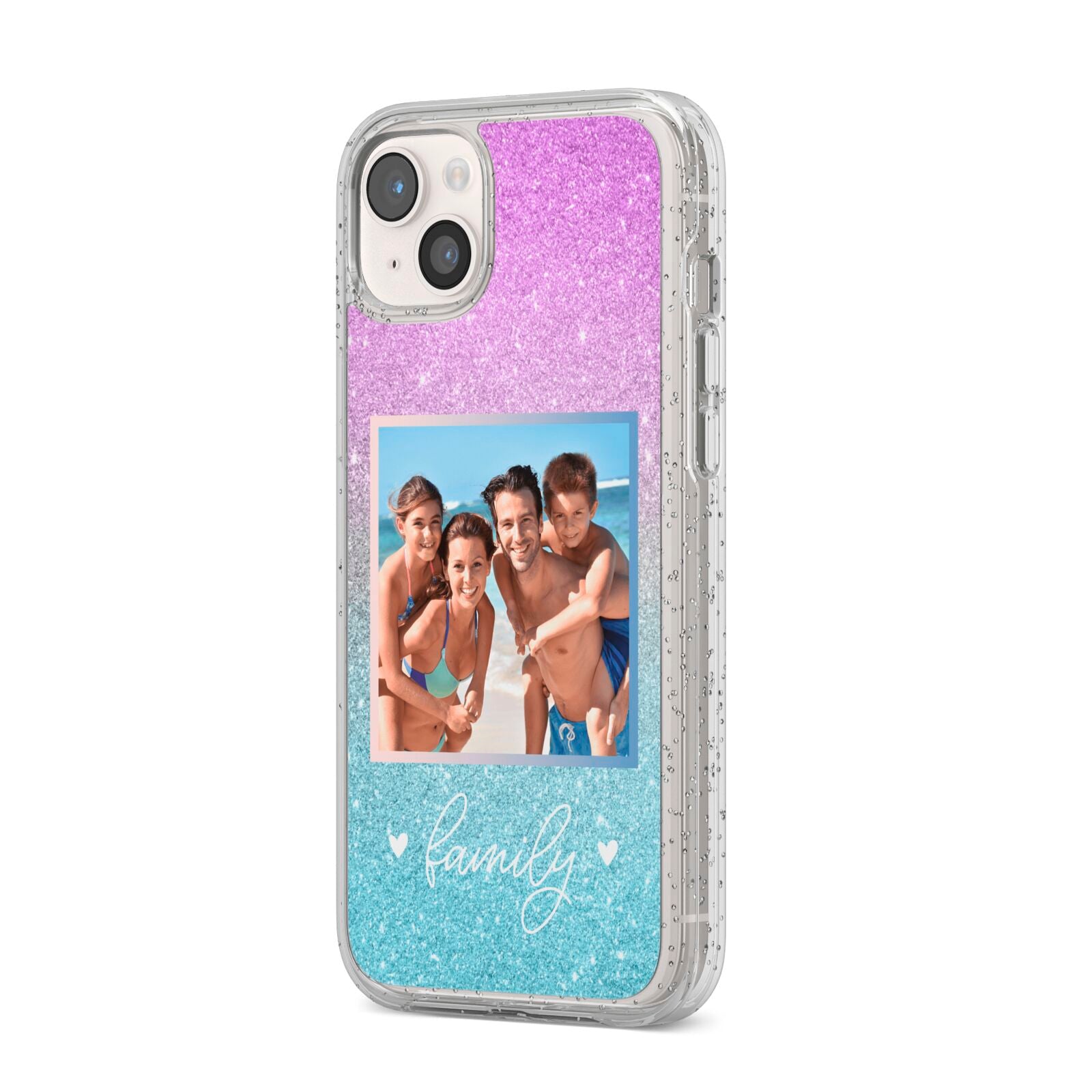 Personalised Glitter Photo iPhone 14 Plus Glitter Tough Case Starlight Angled Image