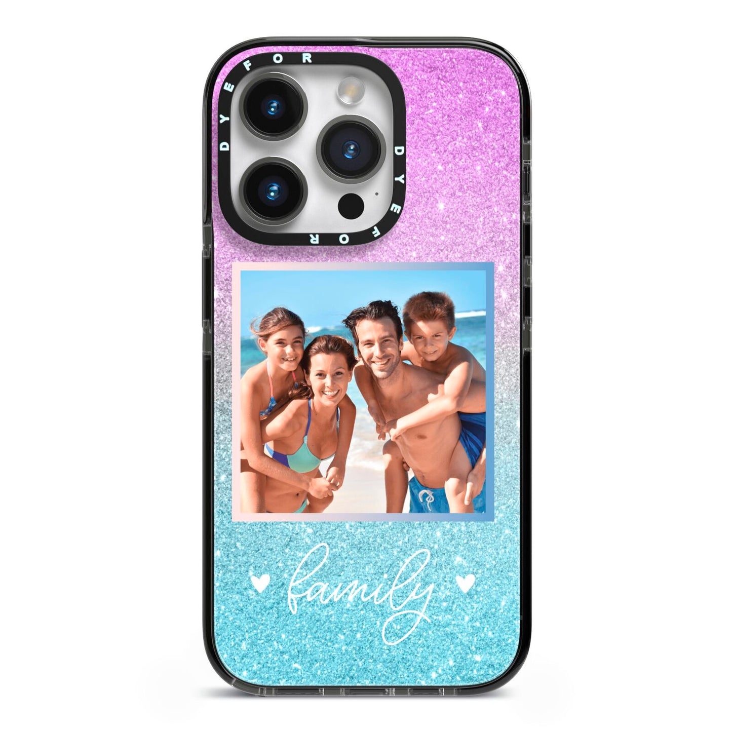 Personalised Glitter Photo iPhone 14 Pro Black Impact Case on Silver phone