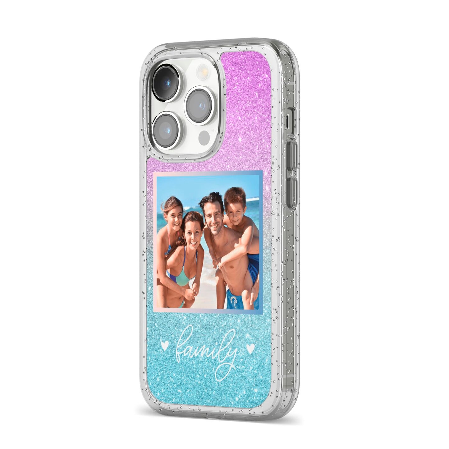 Personalised Glitter Photo iPhone 14 Pro Glitter Tough Case Silver Angled Image