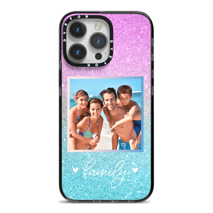 Personalised Glitter Photo iPhone 14 Pro Max Black Impact Case on Silver phone