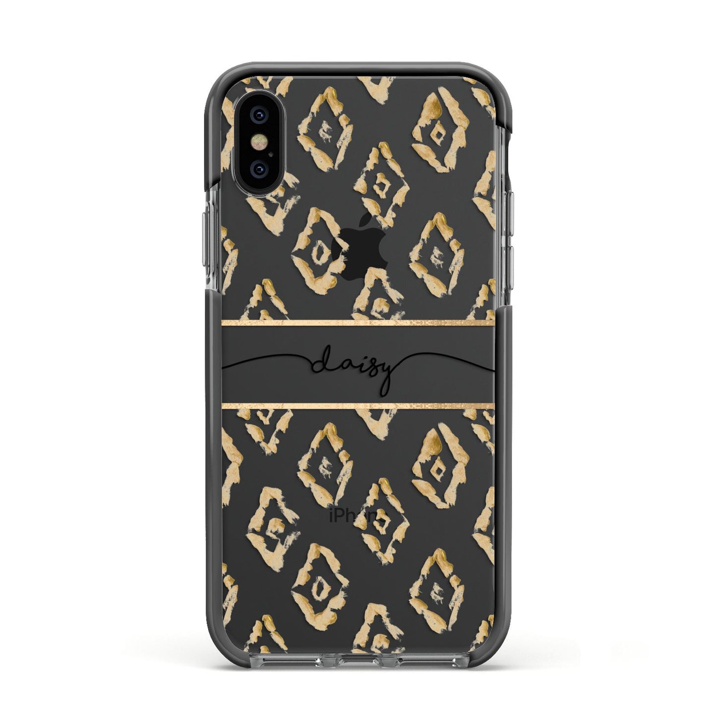 Personalised Gold Aztec Apple iPhone Xs Impact Case Black Edge on Black Phone