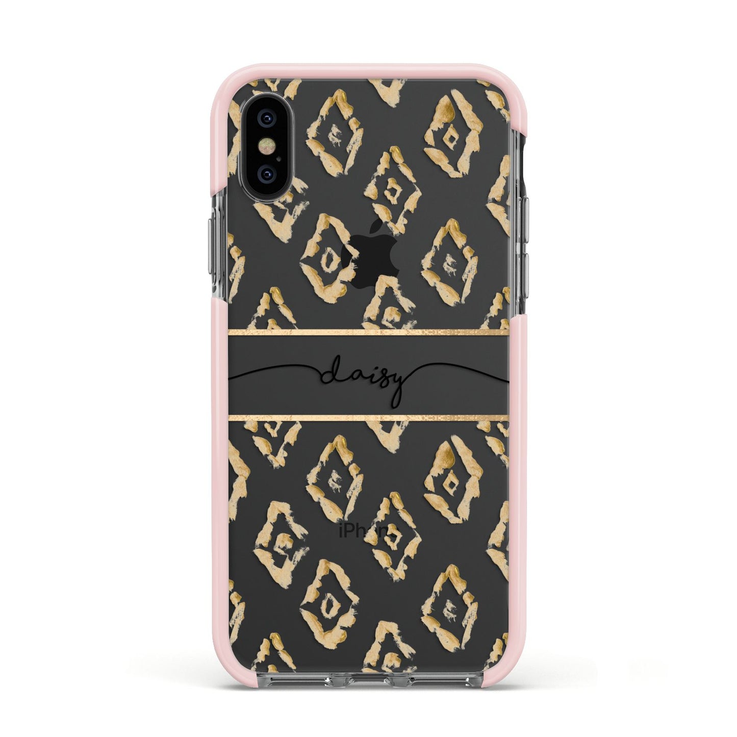 Personalised Gold Aztec Apple iPhone Xs Impact Case Pink Edge on Black Phone