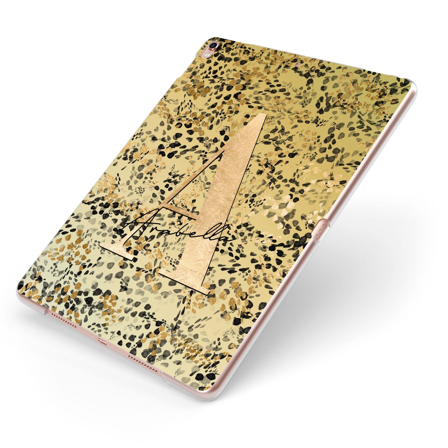 Personalised Gold Black Cheetah Apple iPad Case on Rose Gold iPad Side View