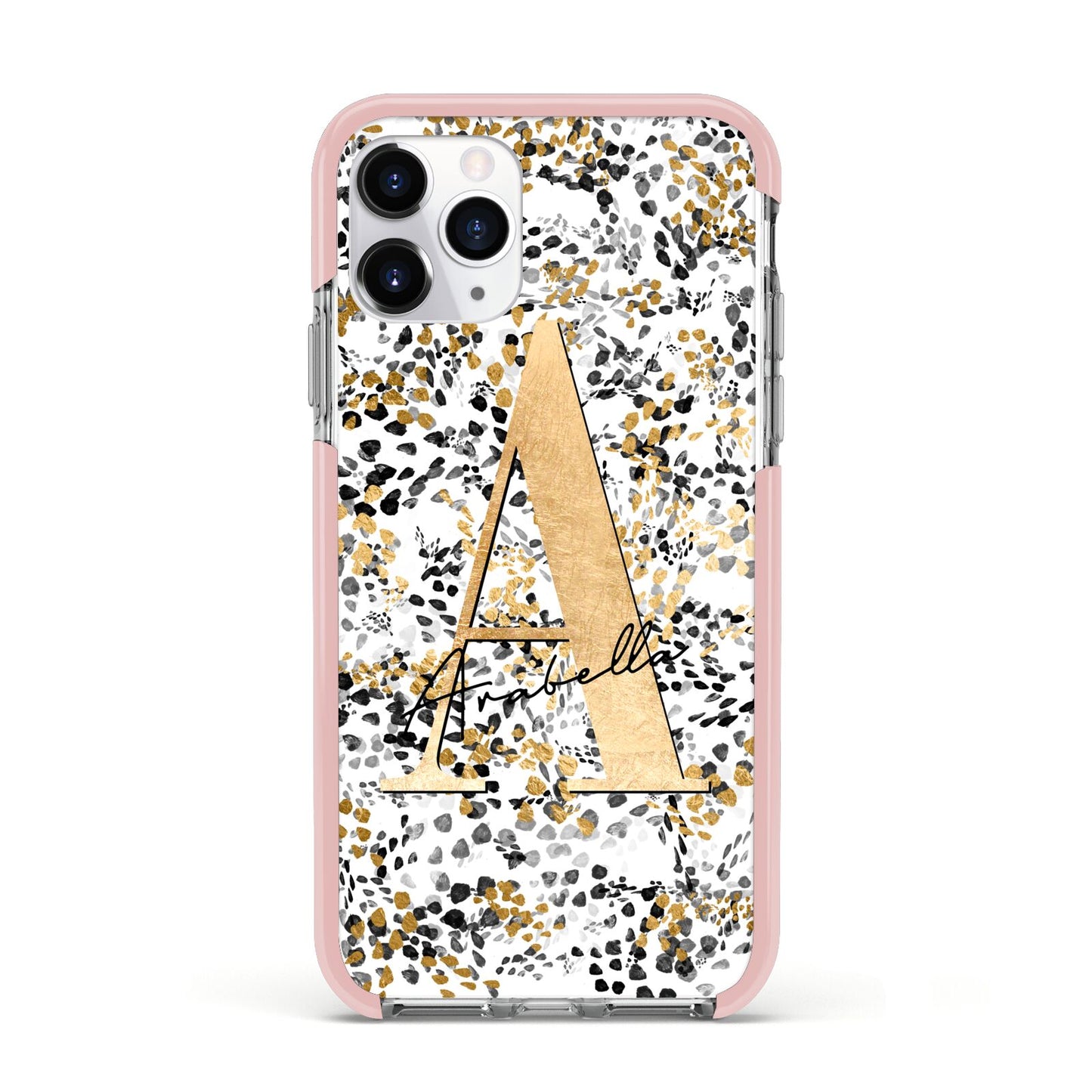 Personalised Gold Black Cheetah Apple iPhone 11 Pro in Silver with Pink Impact Case